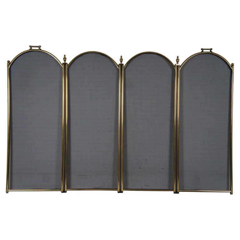 Mid Century Brass and Wire 4 Panel Mesh Folding Fireplace Hearth Fire