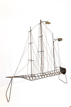 Mid Century Brass Wire Sailboat Sculpture
