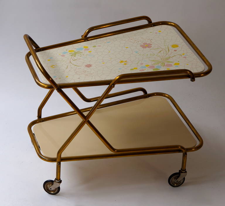 Hollywood Regency Midcentury Brass with Ceramic Hand-Painted Tray Bar Tea Cart For Sale