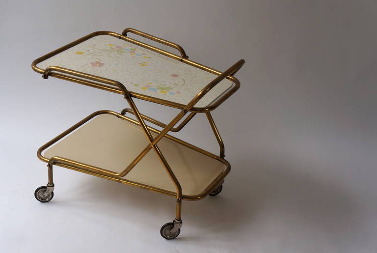 20th Century Midcentury Brass with Ceramic Hand-Painted Tray Bar Tea Cart For Sale