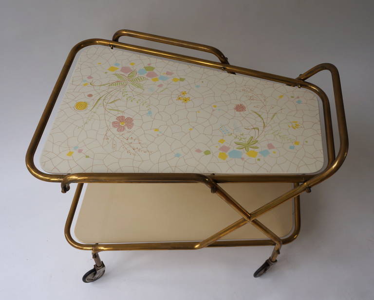 Midcentury Brass with Ceramic Hand-Painted Tray Bar Tea Cart For Sale 1