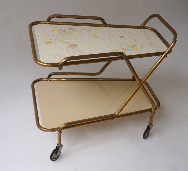 Midcentury Brass with Ceramic Hand-Painted Tray Bar Tea Cart For Sale 2