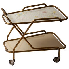 Retro Midcentury Brass with Ceramic Hand-Painted Tray Bar Tea Cart