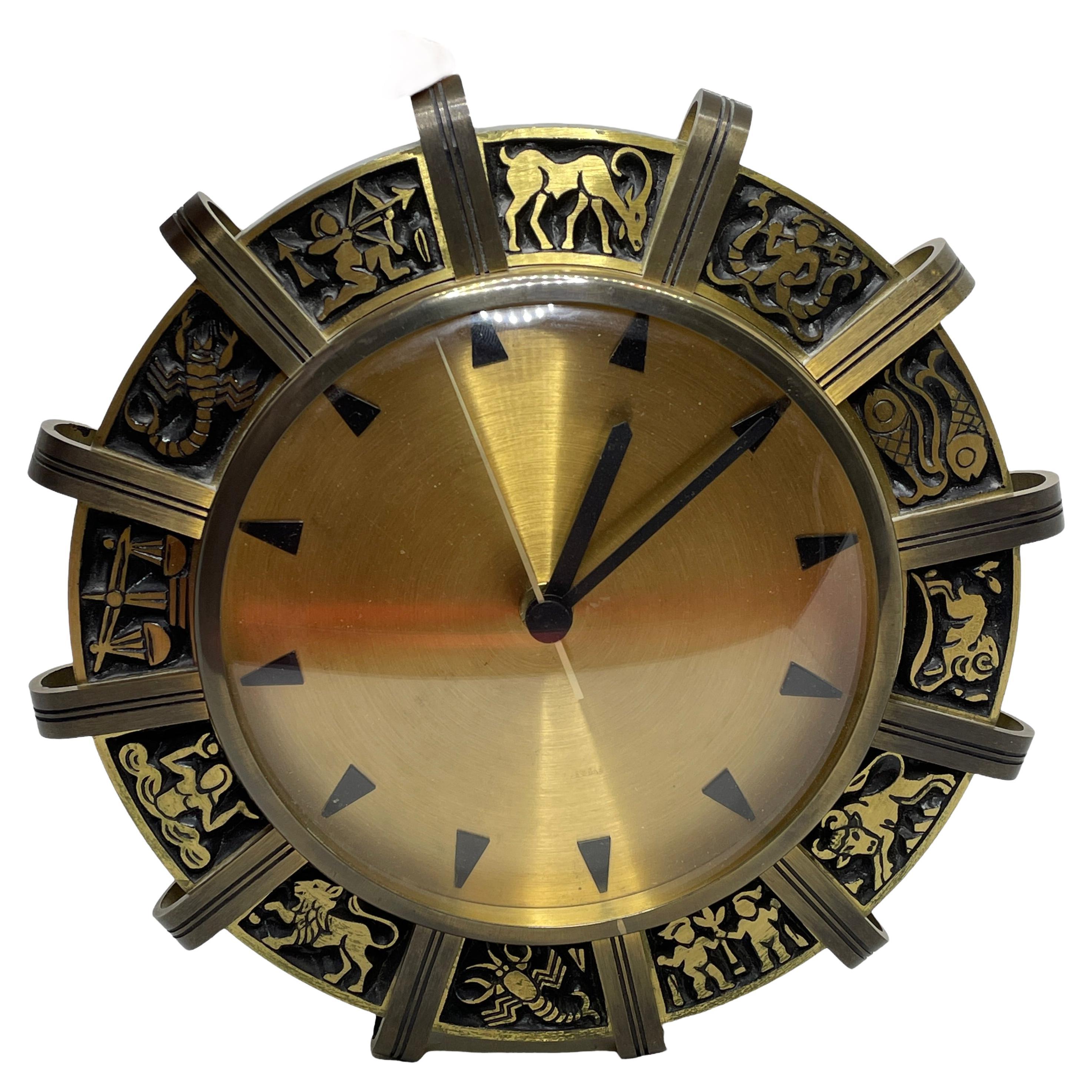 Mid-Century Brass Zodiac Wall, Table or Mantel Clock, Germany, 1960s For Sale