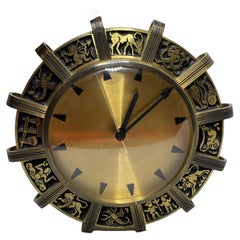 Used Mid-Century Brass Zodiac Wall, Table or Mantel Clock, Germany, 1960s