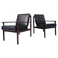 Mid-century Brazil Modern Lounge Chairs in Black Leather