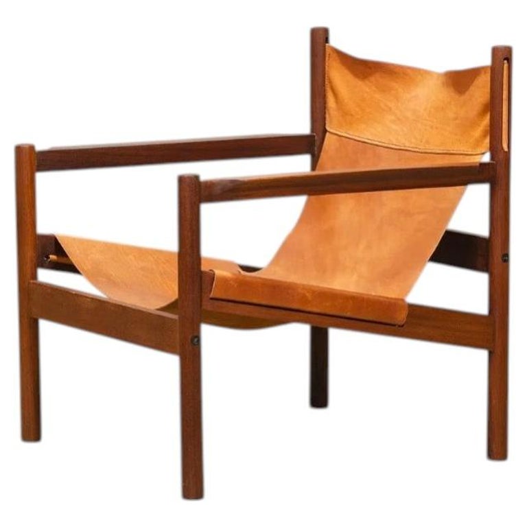 Mid century Brazilian Leather Safari Sling Low lounge Chair by Michel Arnoult