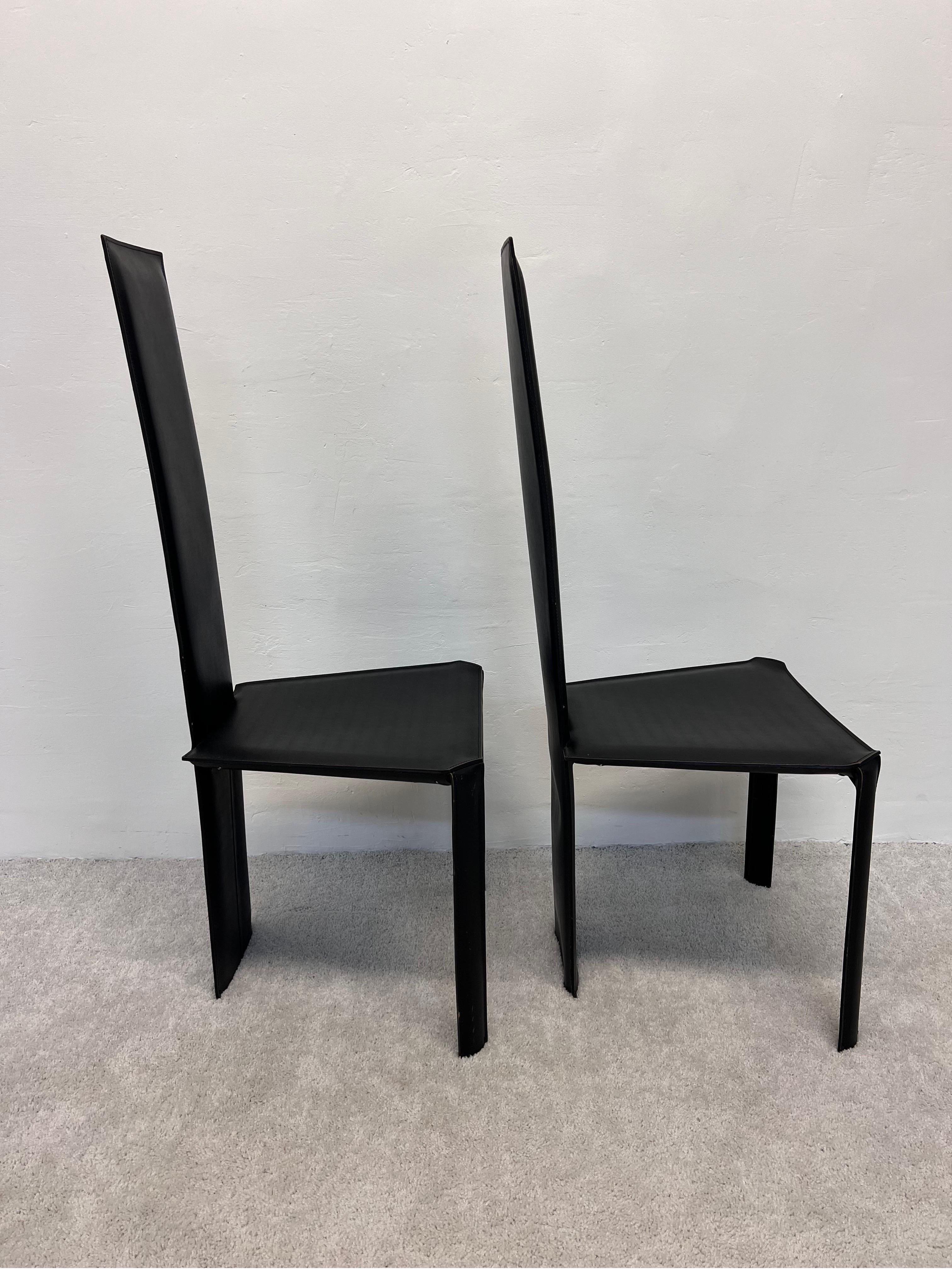 Post-Modern Mid-Century Brazilian Modern Ligne Roset Black Leather Dining Chairs, a Pair