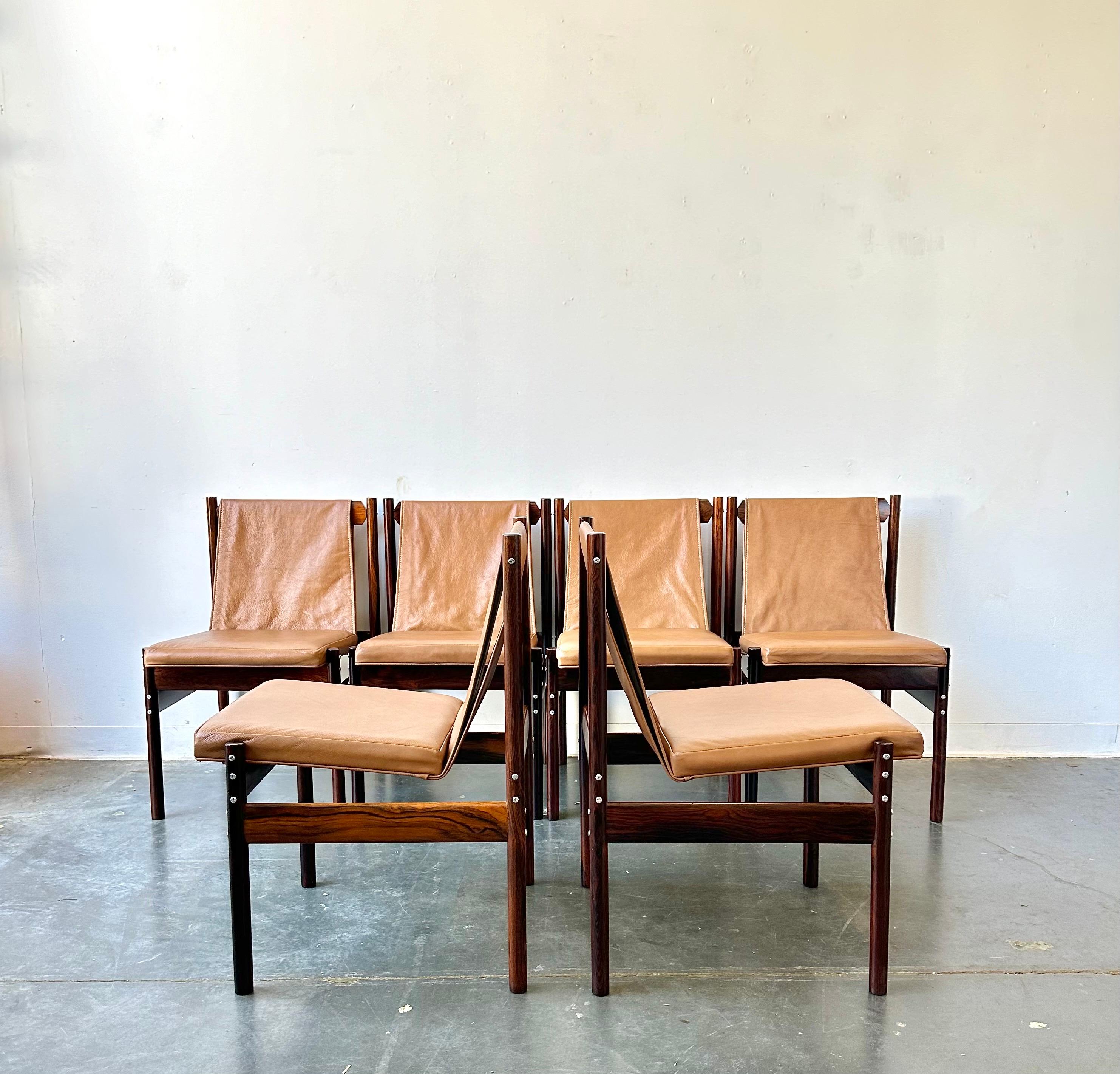 Woodwork Mid Century Brazilian Modern Rosewood and Leather Sling Chairs by Novo Rumo  For Sale