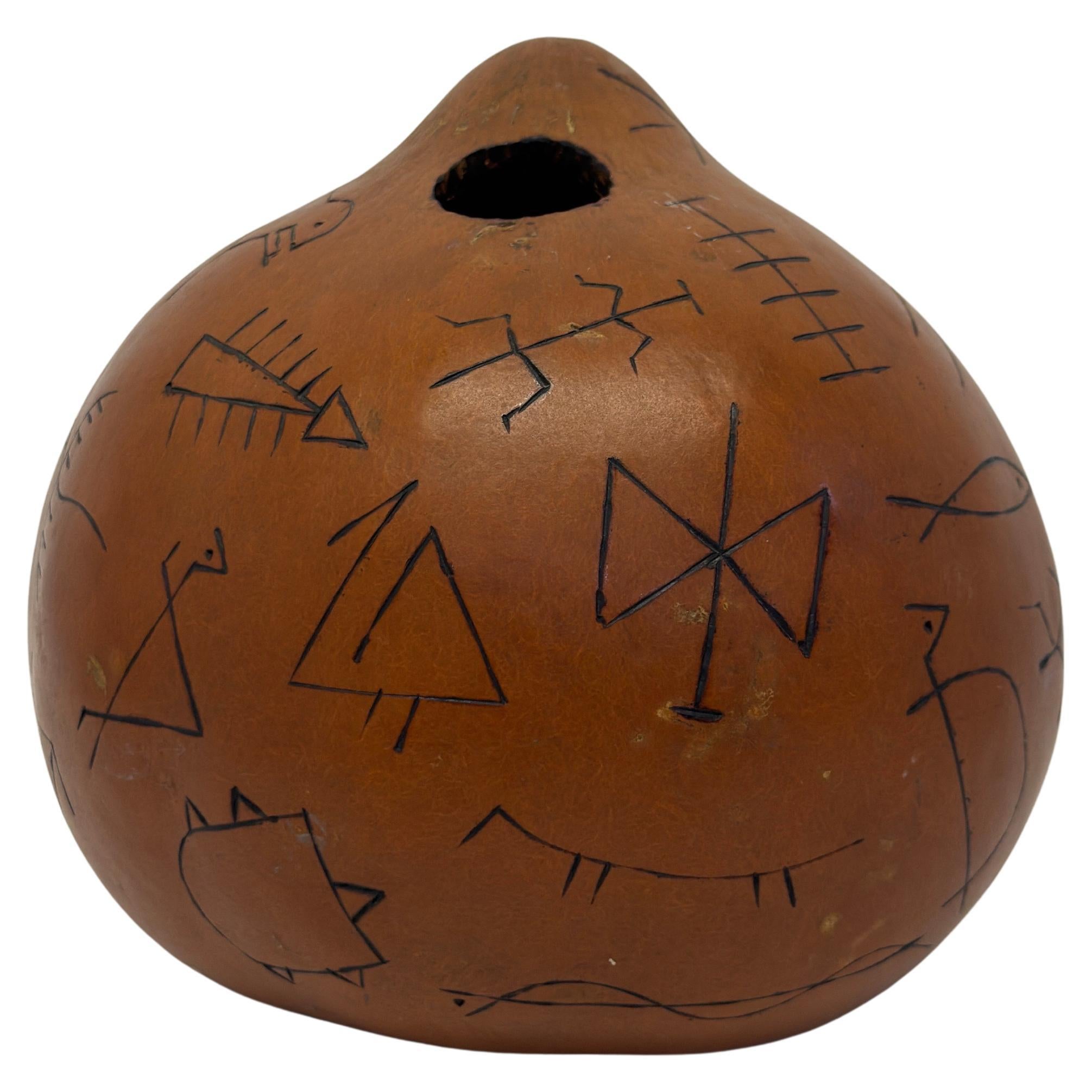 Mid-Century Brazilian Modern Stained Gourd with Hot Needle Point Figures