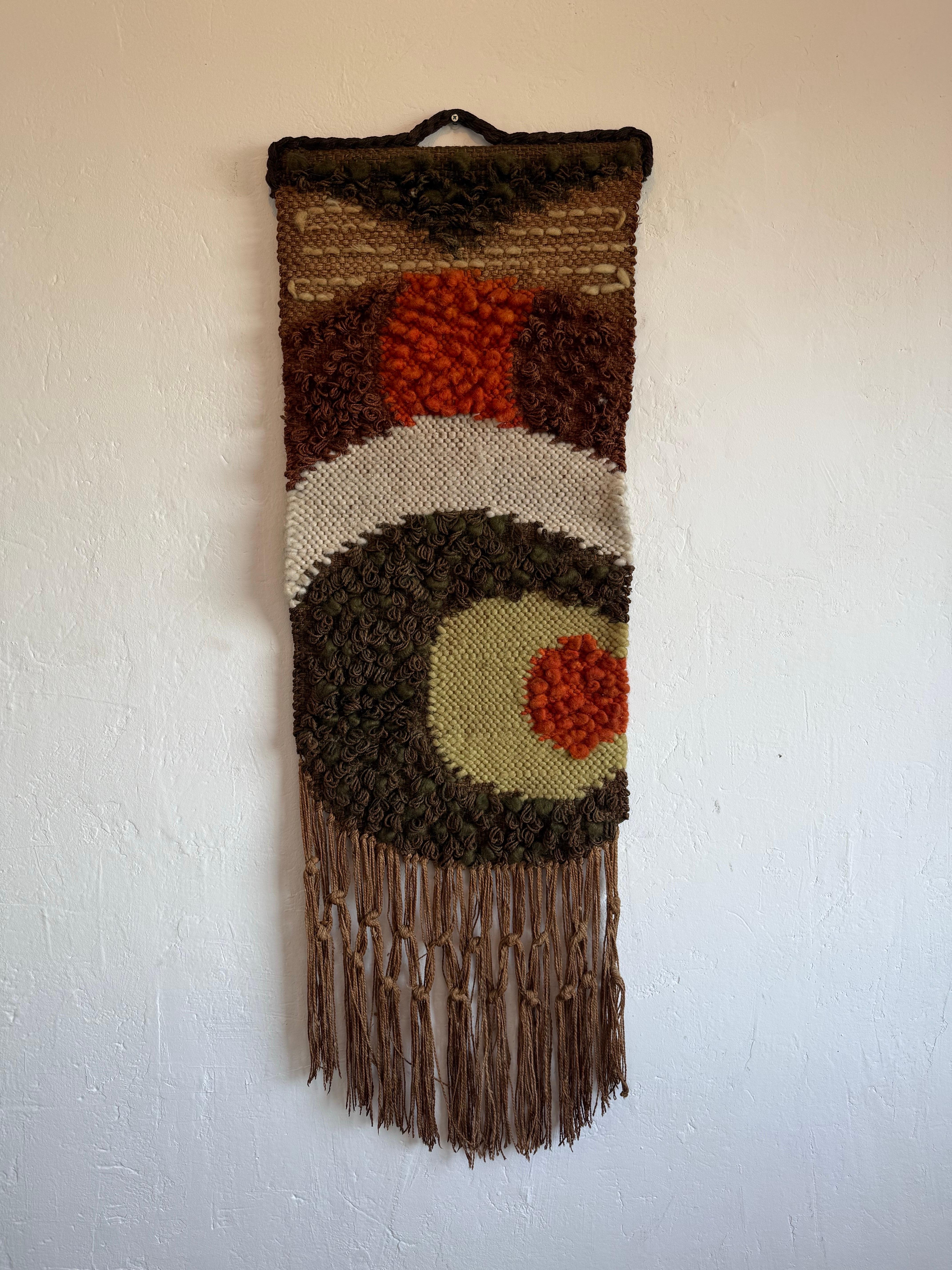 Brazilian mid-century modern woven wall tapestry using twine and felt from the 1960s.