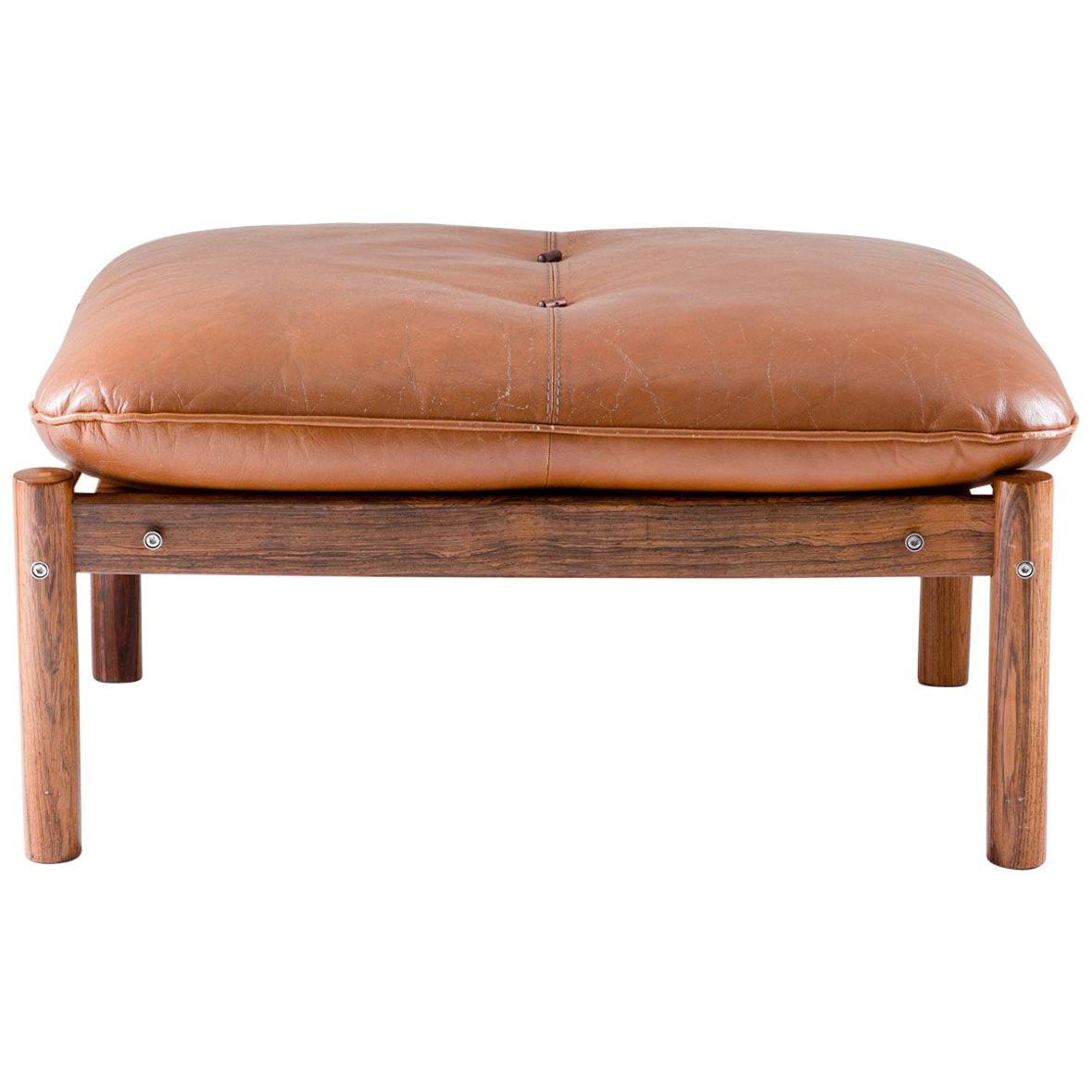 Midcentury Brazilian Ottoman in Brown Leather and Rosewood by Percival Lafer