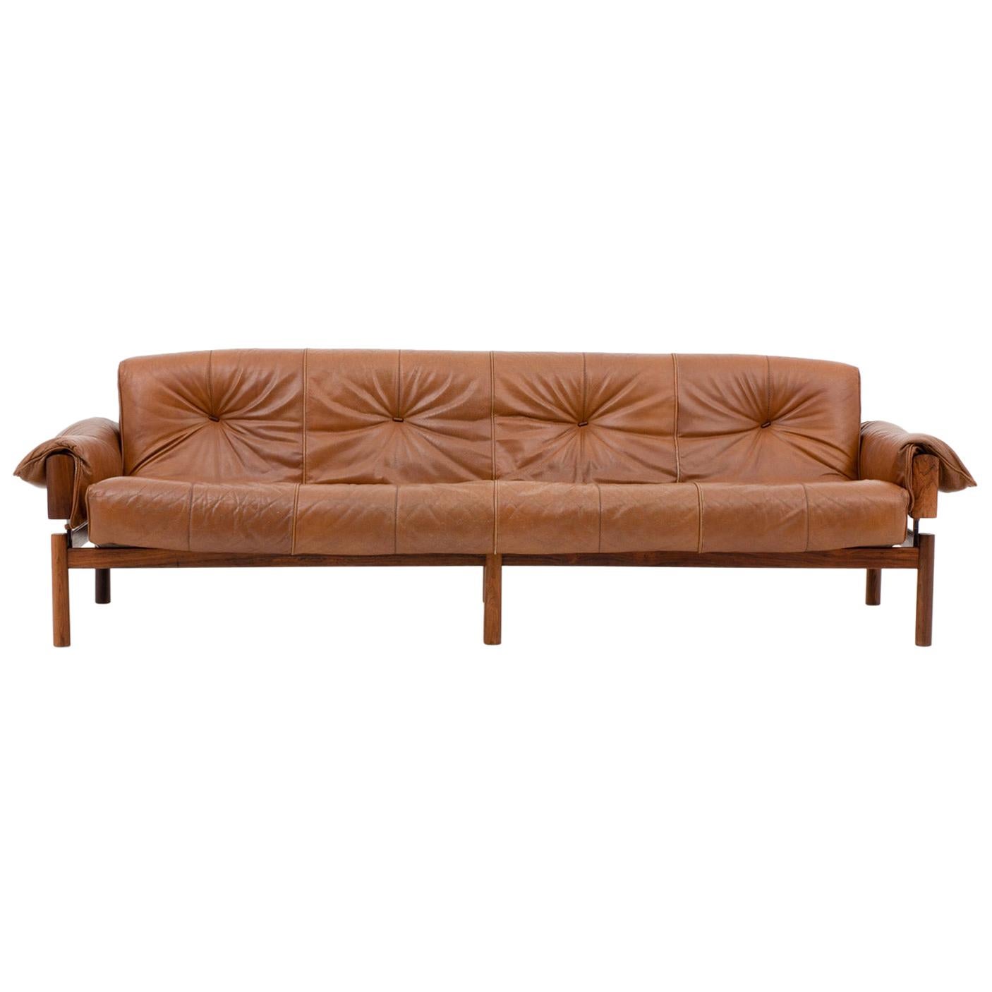 Midcentury Brazilian Sofa in Brown Leather and Rosewood by Percival Lafer