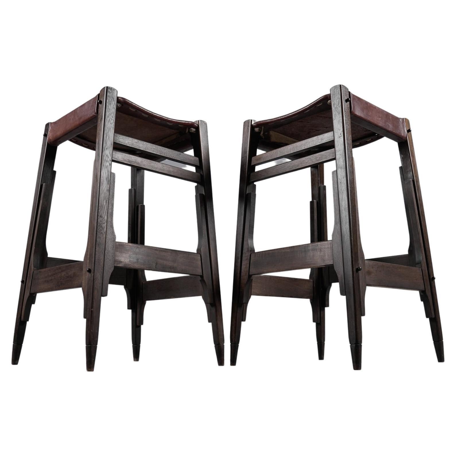 Mid-Century Bar Stools in Wood and Leather by Werner Biermann for Arte Sano For Sale