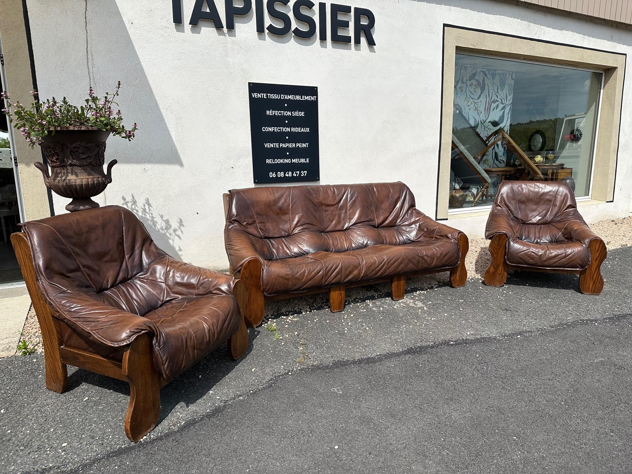 Brazilian Mid-century Bresilian Brutalist Leather and Oak Living room set, 1970s For Sale