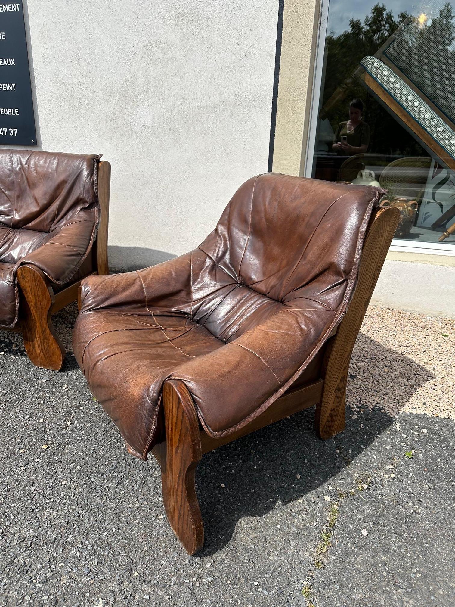 Mid-century Bresilian Brutalist Leather and Oak Living room set, 1970s For Sale 1