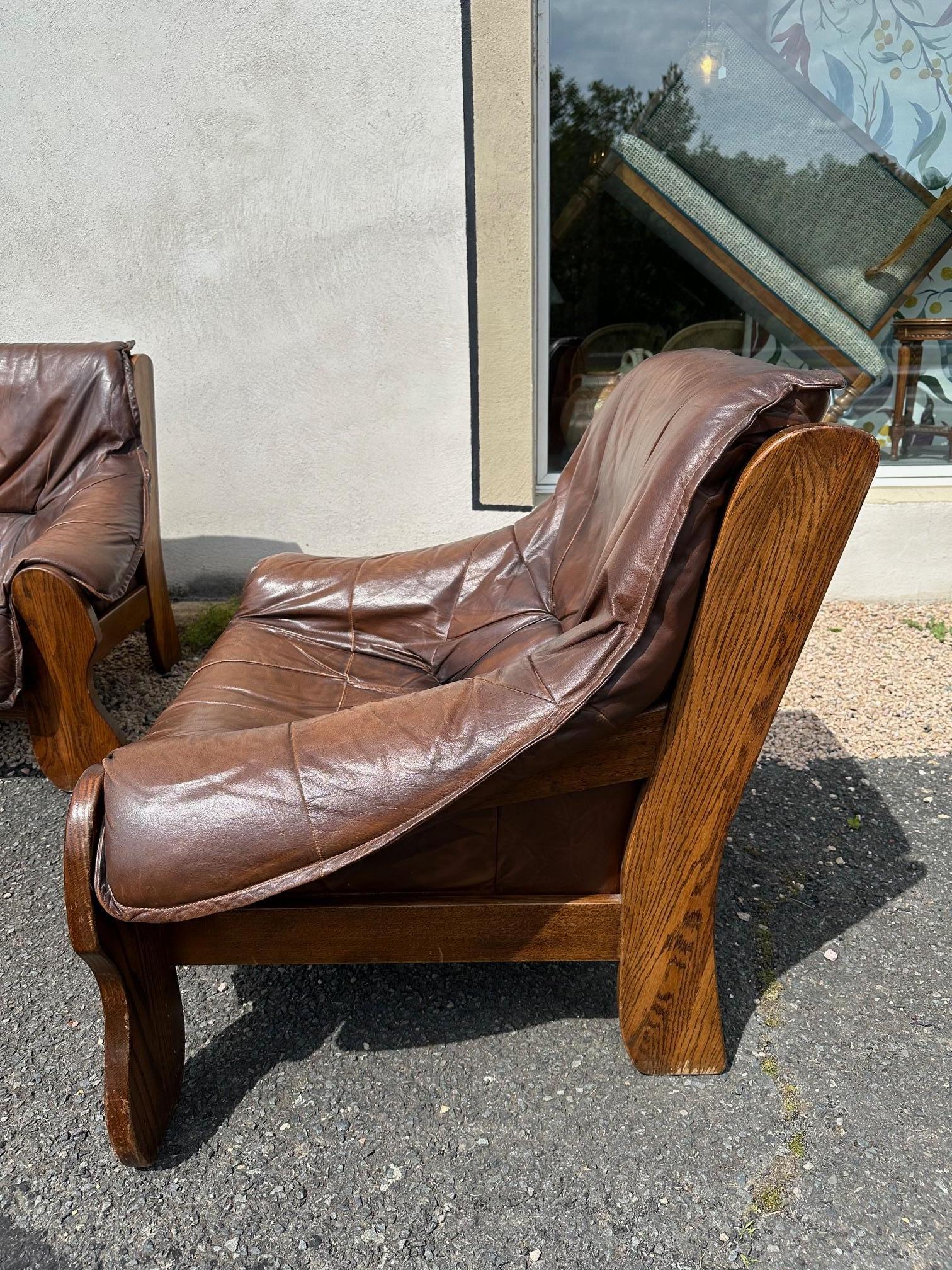 Mid-century Bresilian Brutalist Leather and Oak Living room set, 1970s For Sale 2