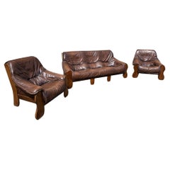 Used Mid-century Bresilian Brutalist Leather and Oak Living room set, 1970s