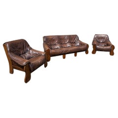 Mid-century Bresilian Brutalist Leather and Oak Living room set, 1970s