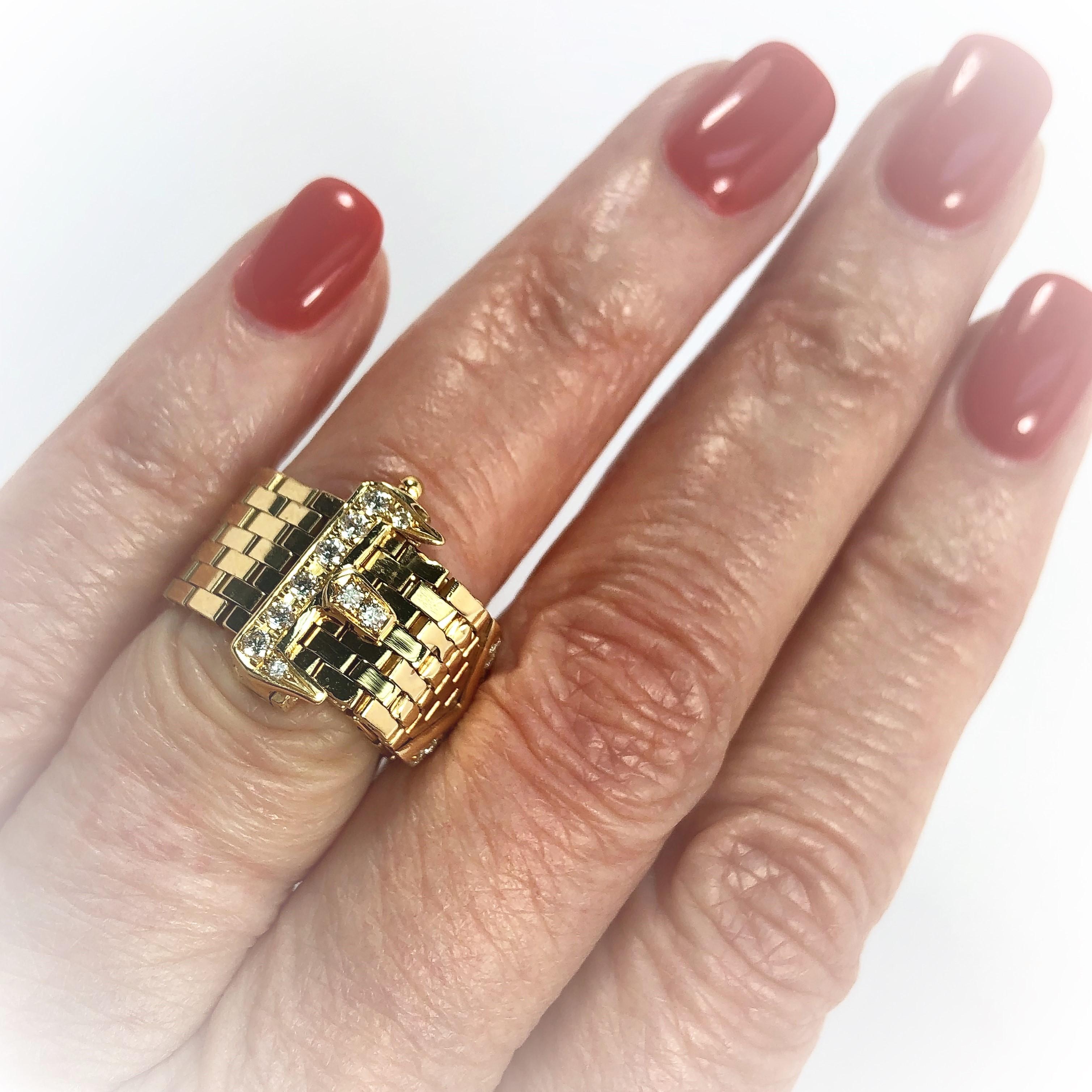 Midcentury Brick Style, Flexible Gold Buckle Ring with Diamonds In Good Condition In Palm Beach, FL