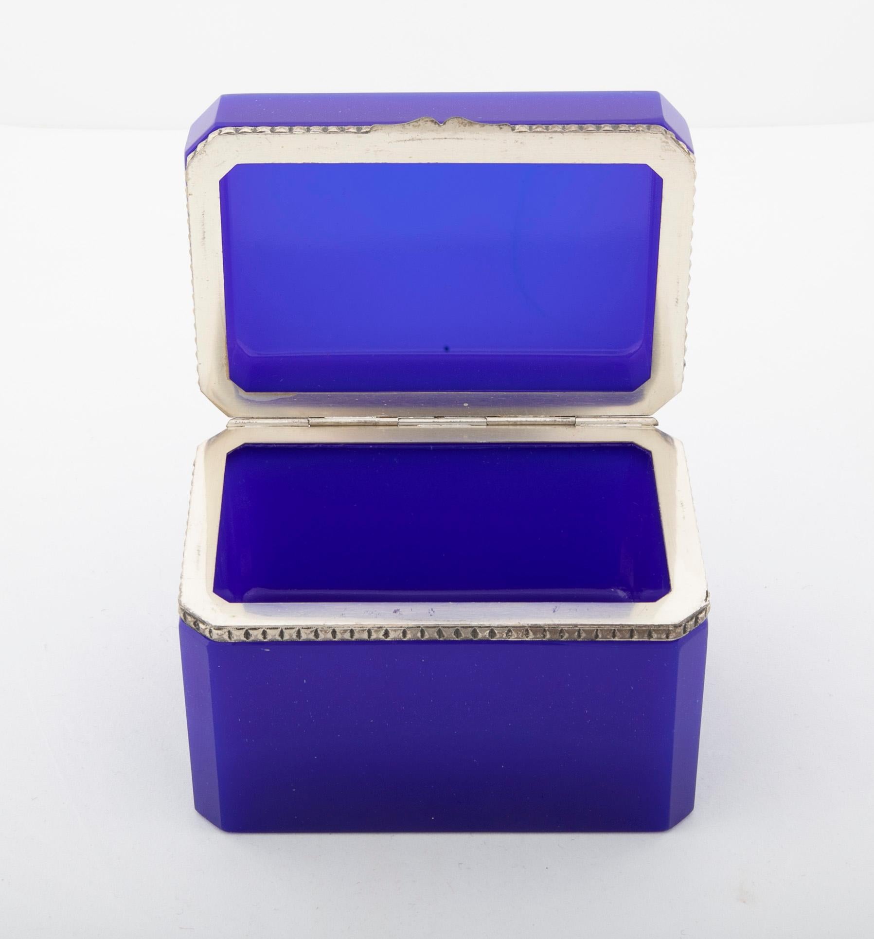 Midcentury Bright Blue Opaline Glass Box with Silvered Bronze Mounts In Good Condition In Stamford, CT
