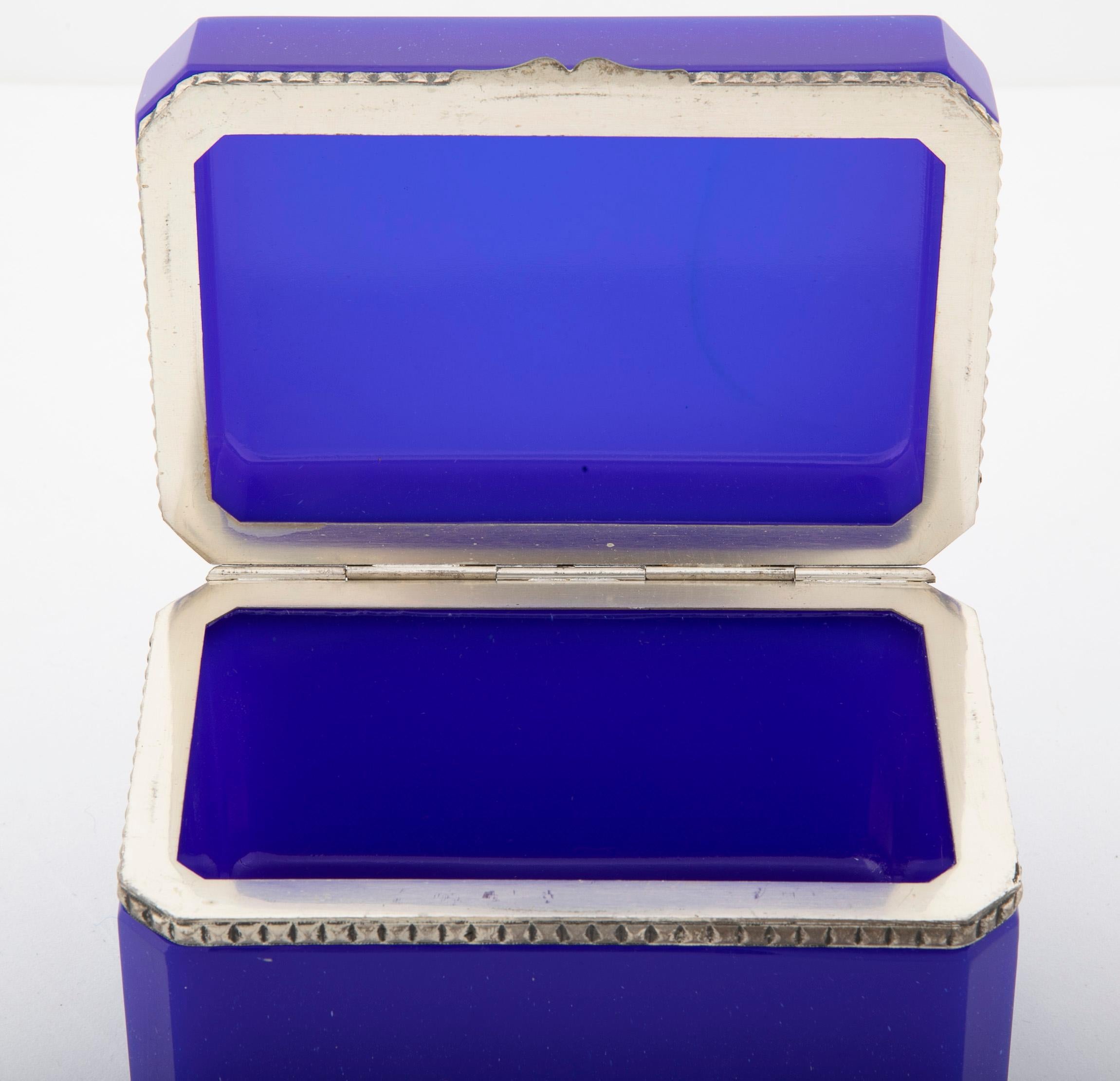 20th Century Midcentury Bright Blue Opaline Glass Box with Silvered Bronze Mounts