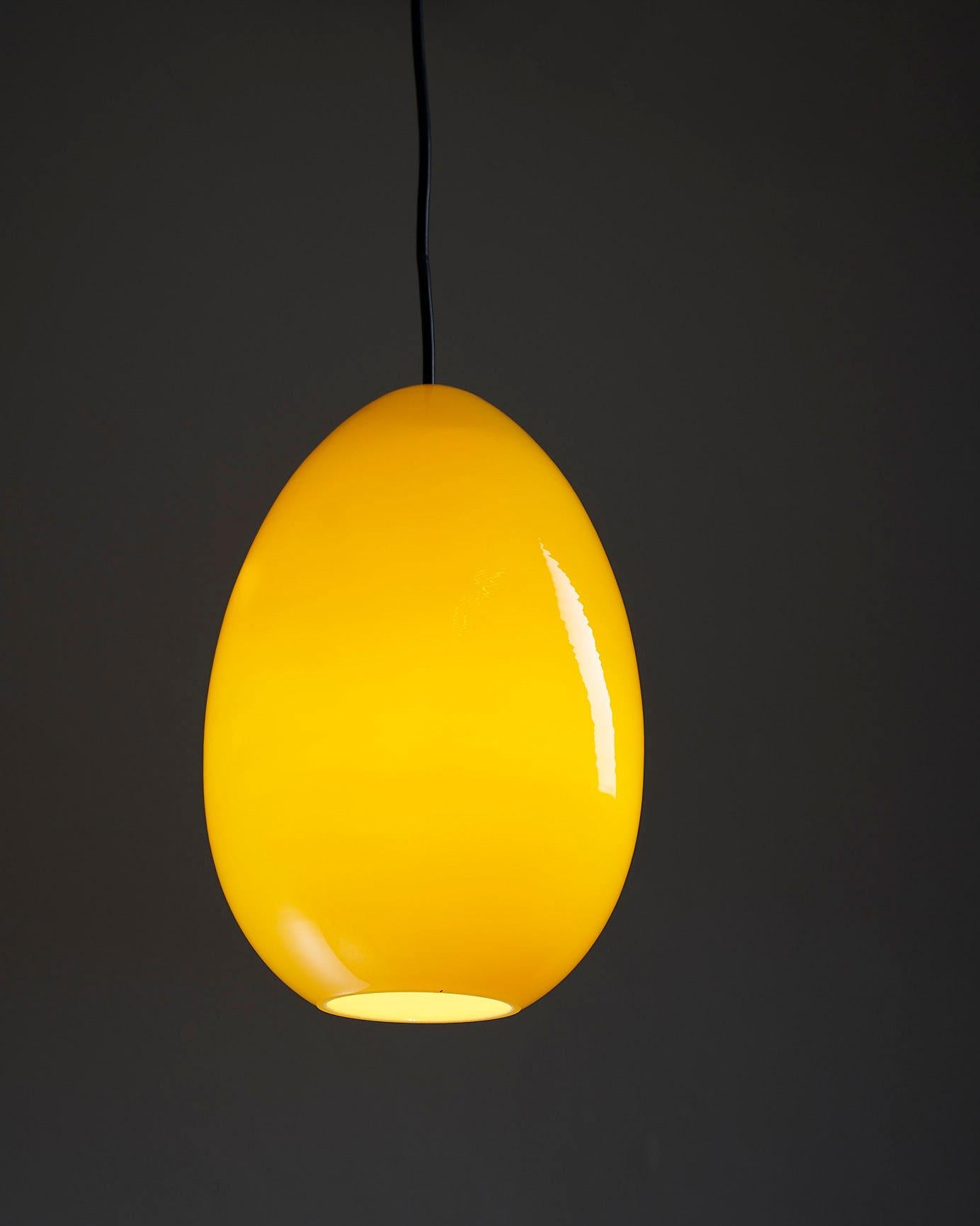 Introduisez une explosion d'énergie vibrante dans votre espace avec la suspension ovale Bright Yellow de Luxus. Cette lampe suspendue, fabriquée en Suède, présente une forme ovoïde en verre unique qui rayonne de chaleur et de charme.

Le pendentif