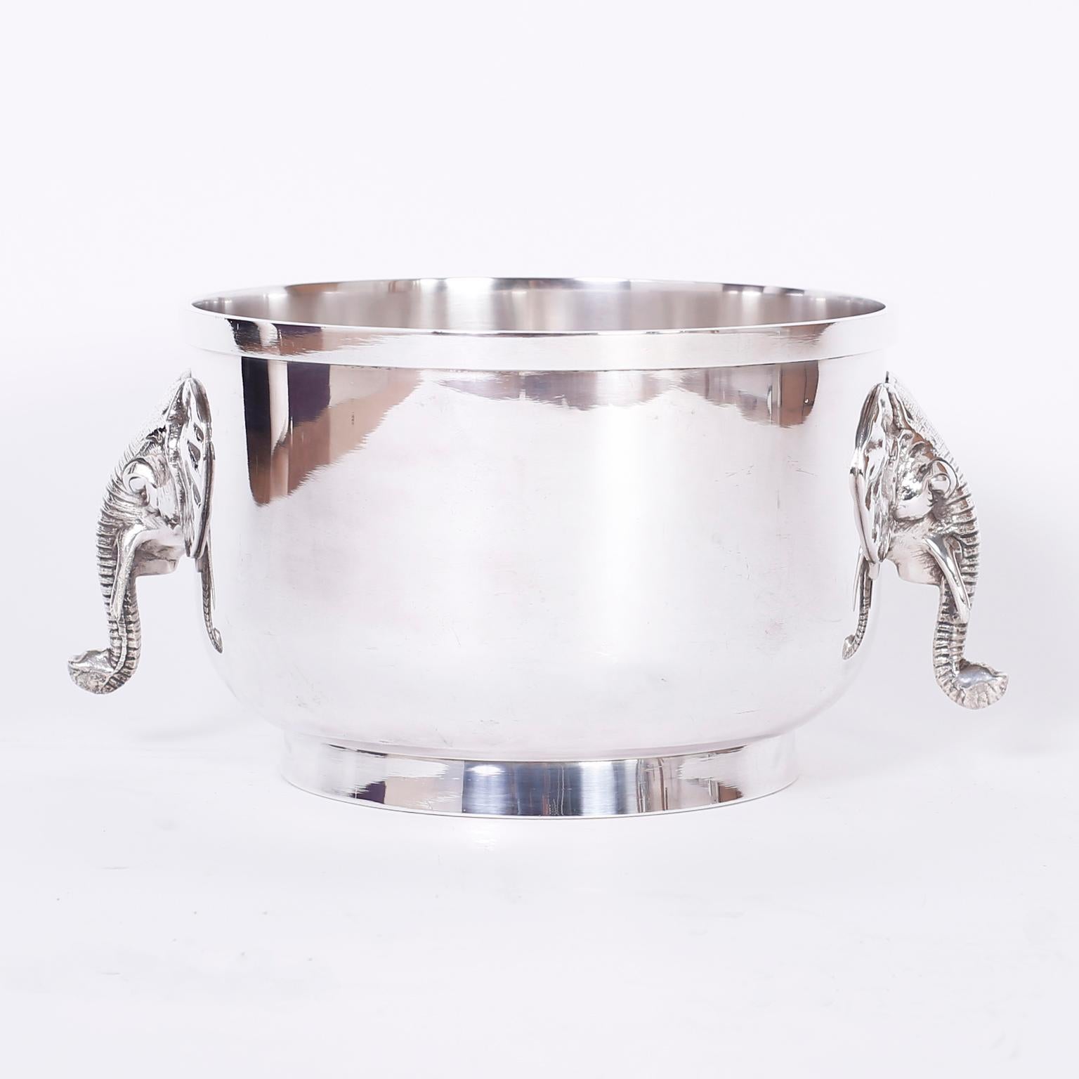 Anglo Indian silver plate on brass jardinière or planter with elephant head handles, perfect for orchid arrangements.