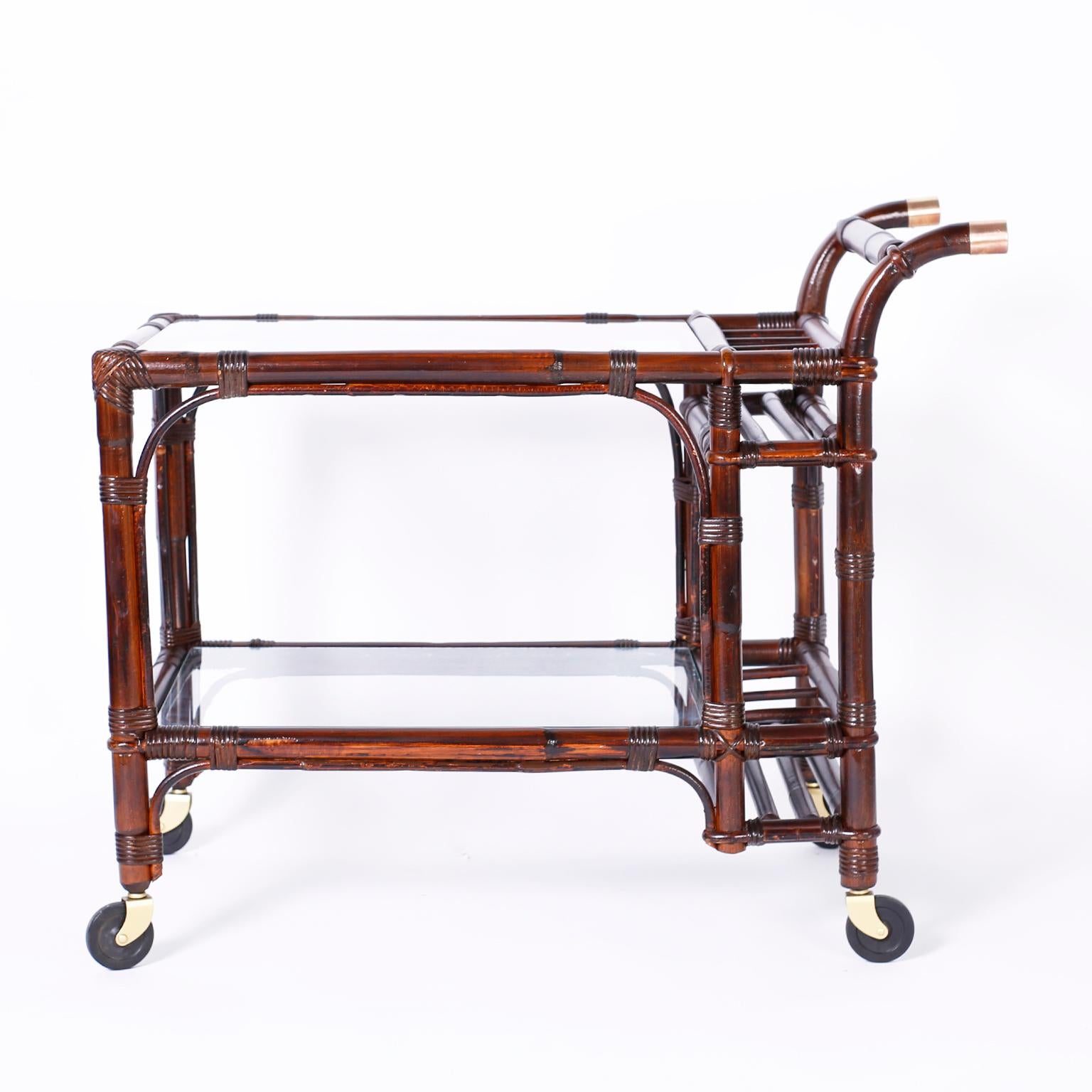 Other Midcentury British Colonial Style Bamboo Bar Cart For Sale