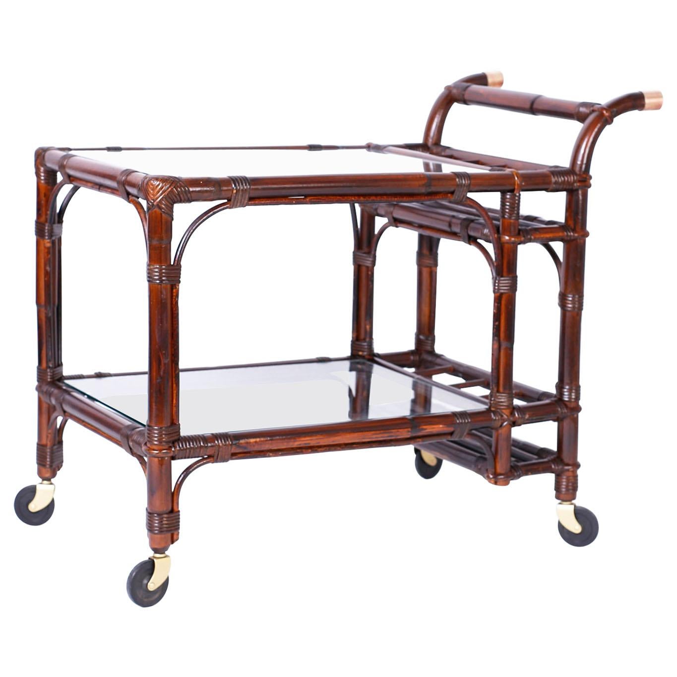 Midcentury British Colonial Style Bamboo Bar Cart For Sale