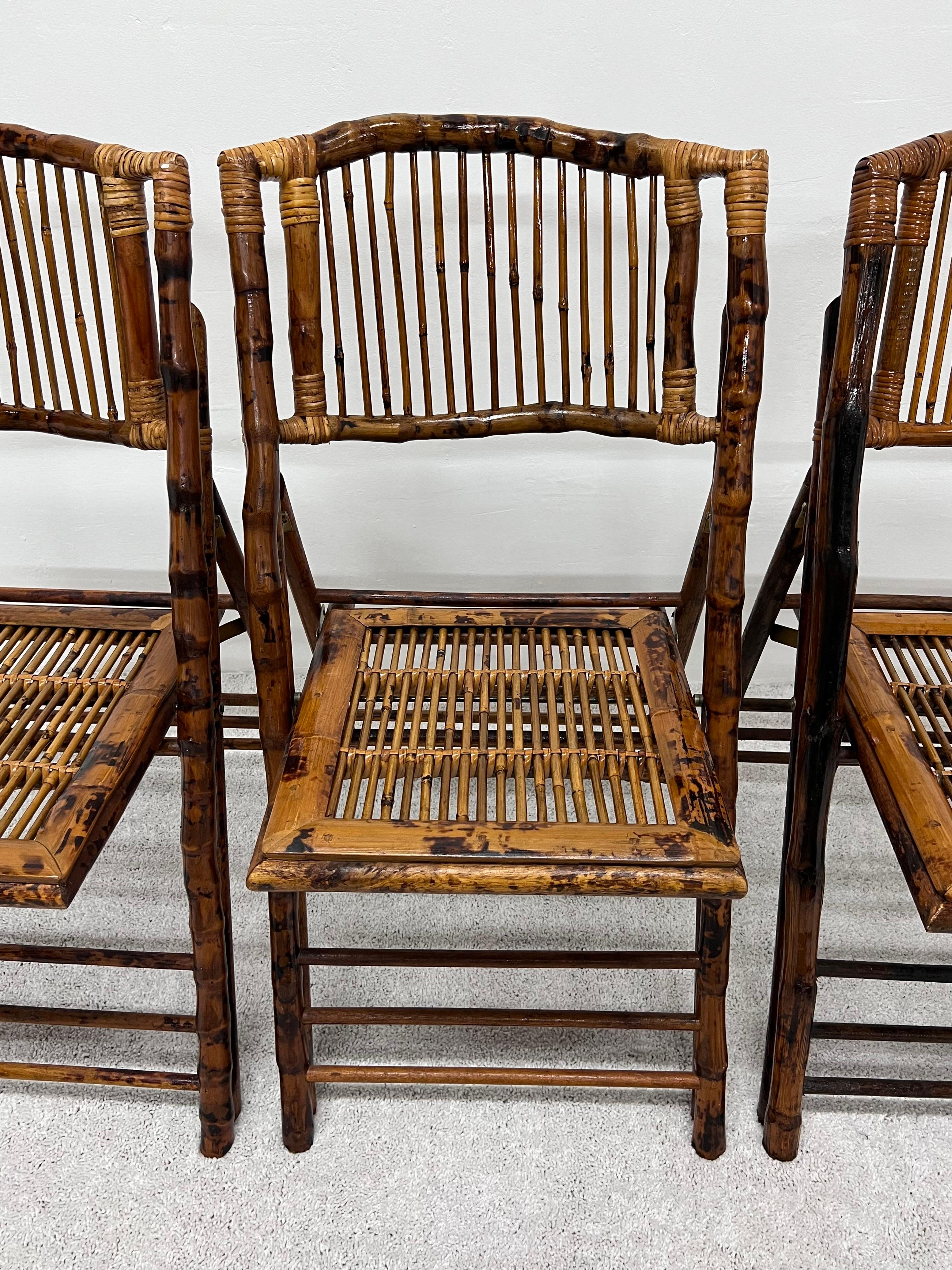 Philippine Mid-Century British Colonial Style Bamboo Folding Chairs, Set of Four