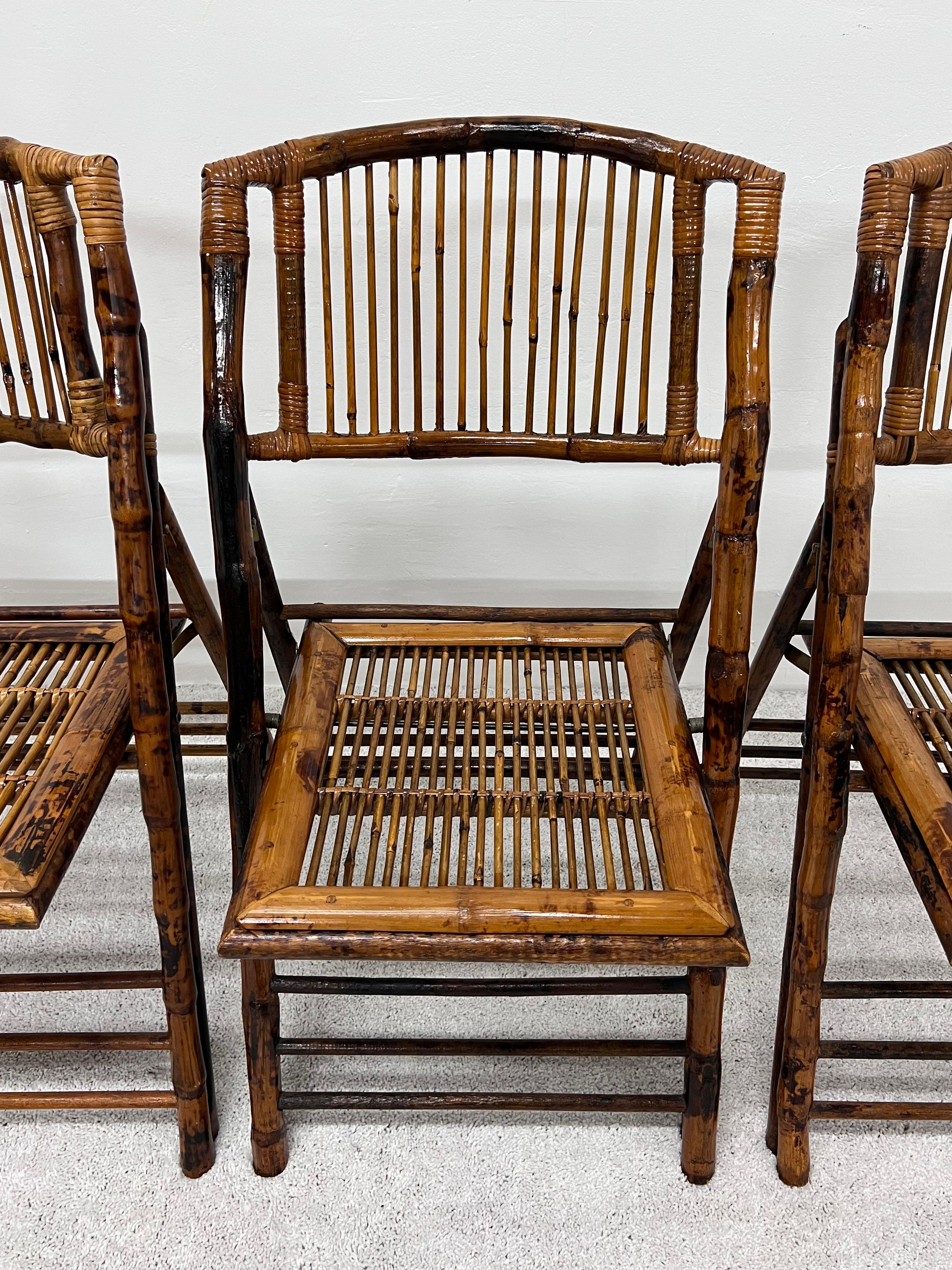 Mid-Century British Colonial Style Bamboo Folding Chairs, Set of Four In Good Condition In Miami, FL
