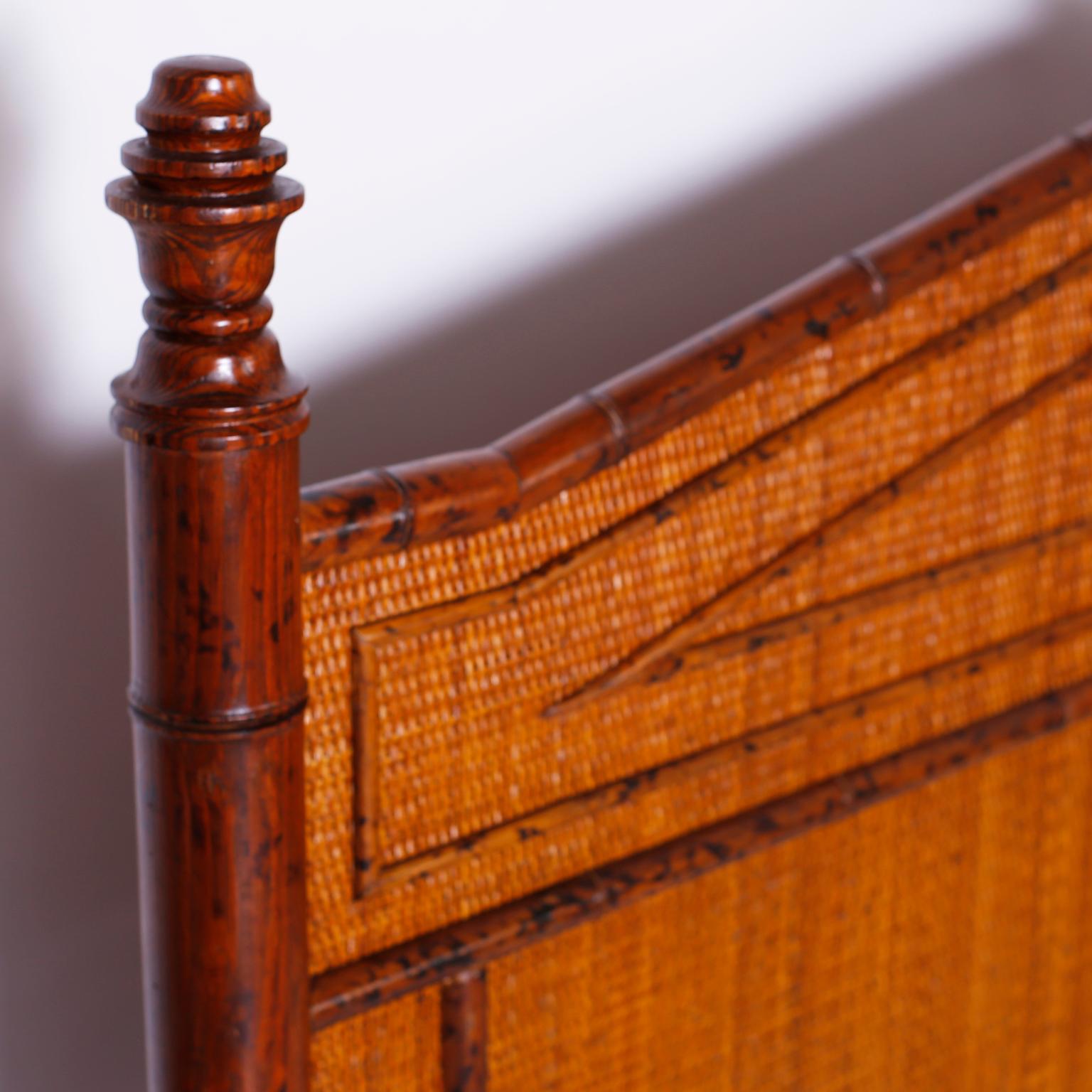 Midcentury British Colonial Style Faux Bamboo and Grasscloth Queen Bed 2