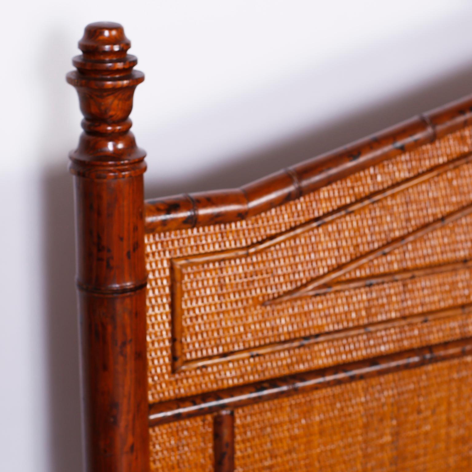 Philippine Midcentury British Colonial Style Faux Bamboo and Grasscloth Queen Bed