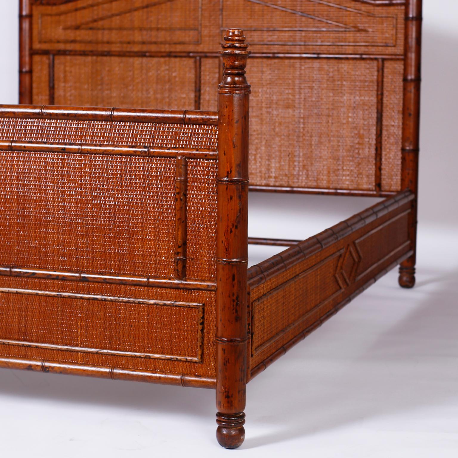 20th Century Midcentury British Colonial Style Faux Bamboo and Grasscloth Queen Bed