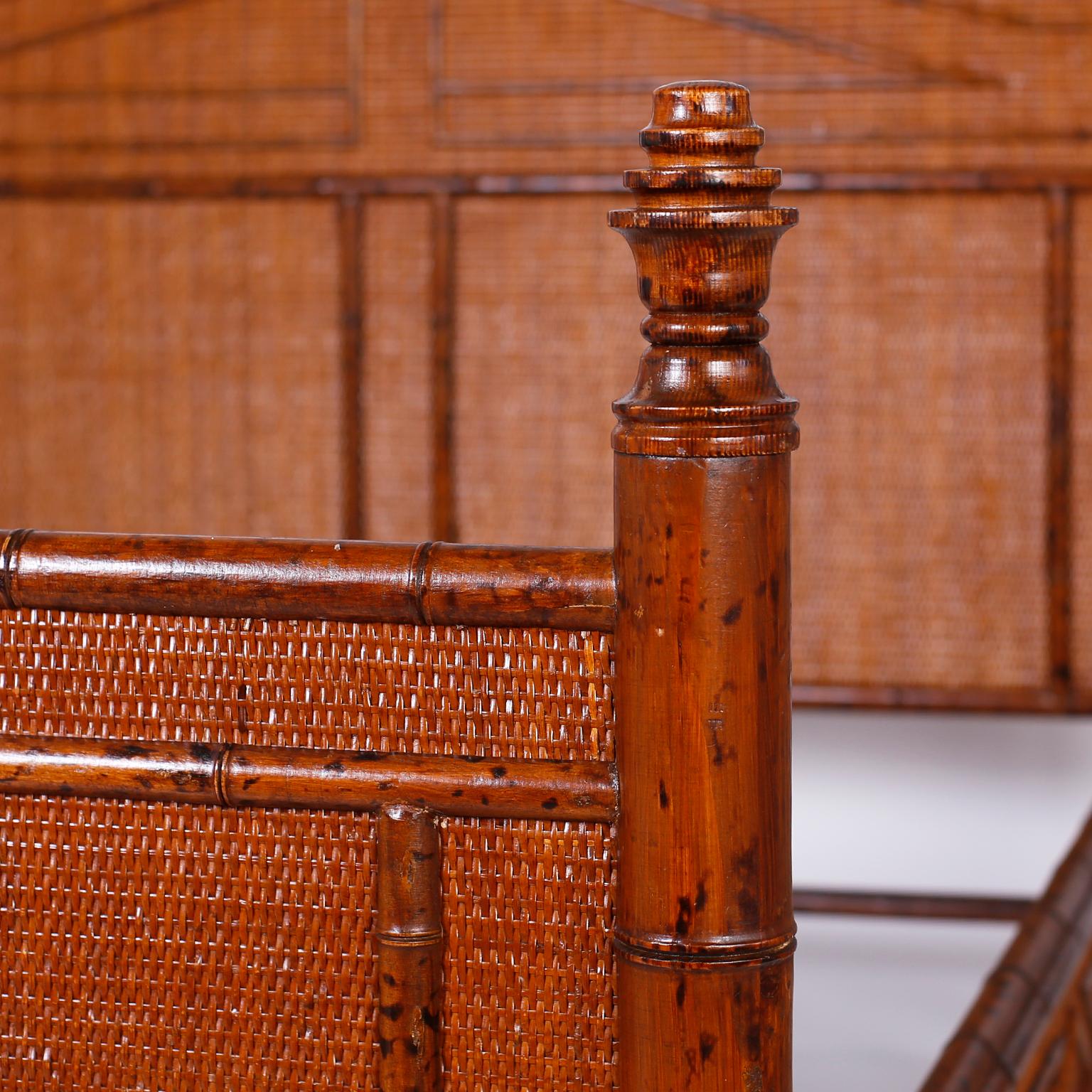 Midcentury British Colonial Style Faux Bamboo and Grasscloth Queen Bed 1