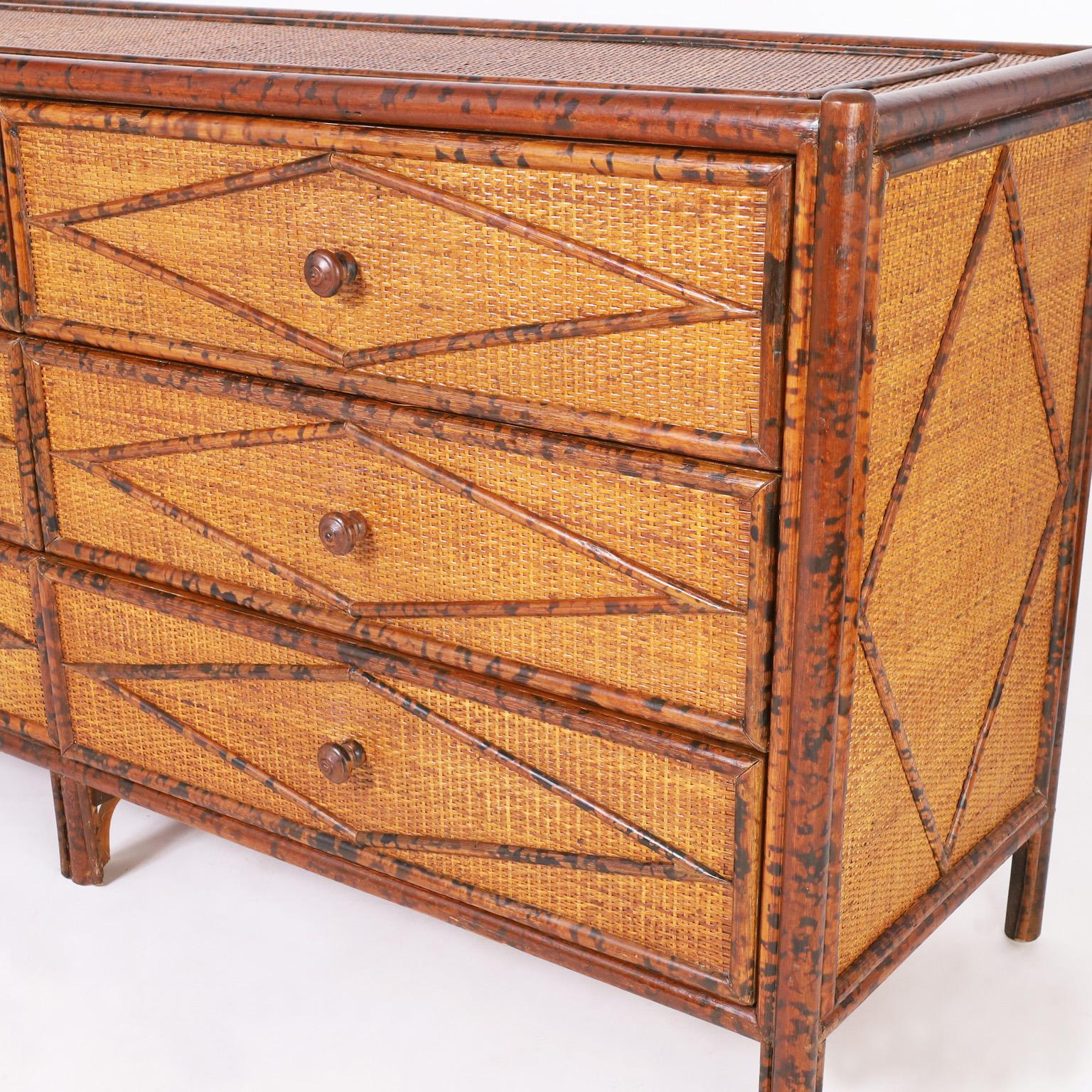 Grasscloth Mid-Century British Colonial Style Faux Bamboo Chest of Drawers or Dresser