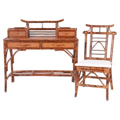 Mid-Century British Colonial Style Faux Burnt Bamboo Desk and Chair