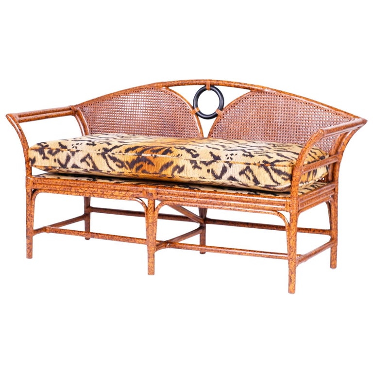 Midcentury British Colonial Style Faux Tortoise Settee or Sofa For Sale