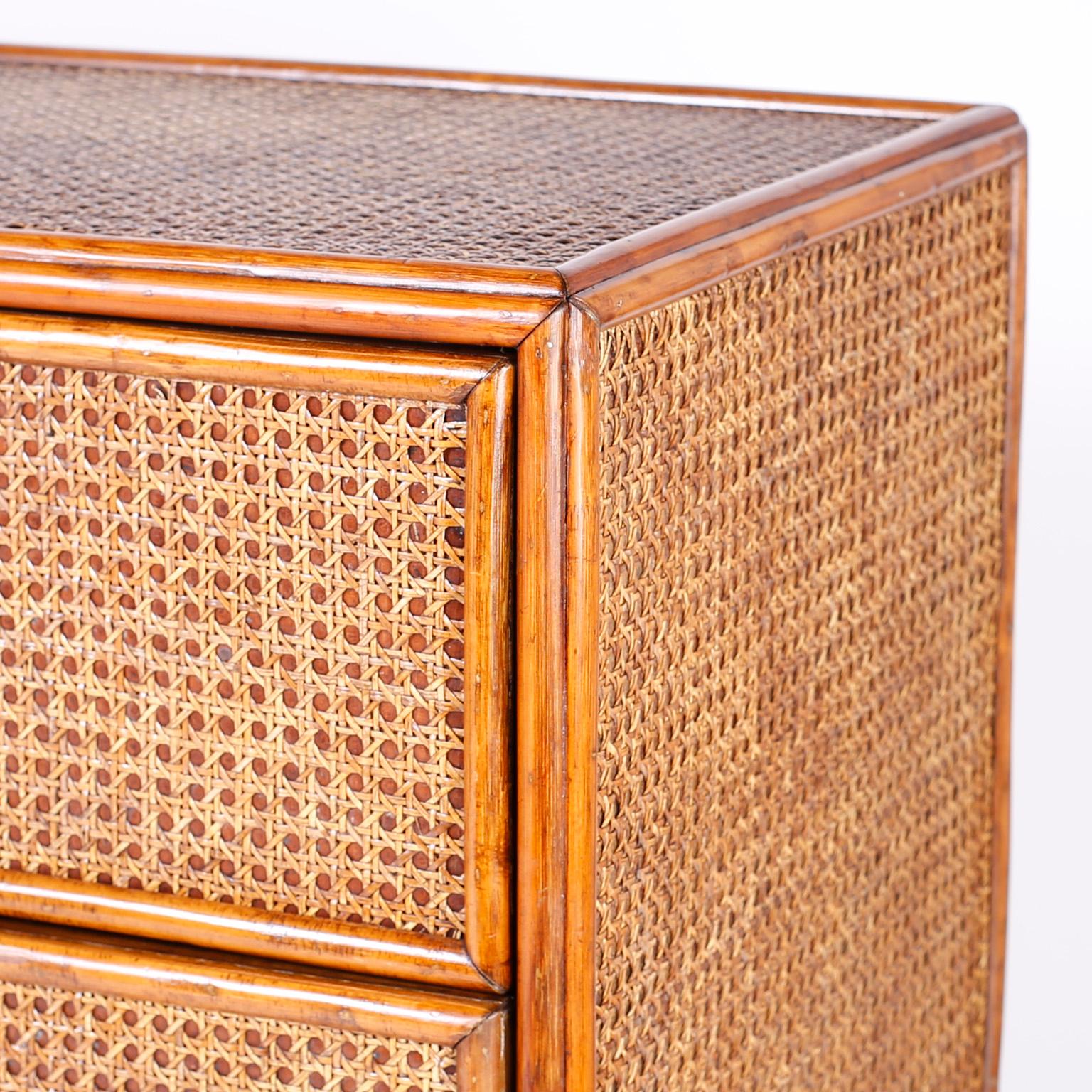 American Midcentury British Colonial Style Rattan and Caned Chest of Drawers
