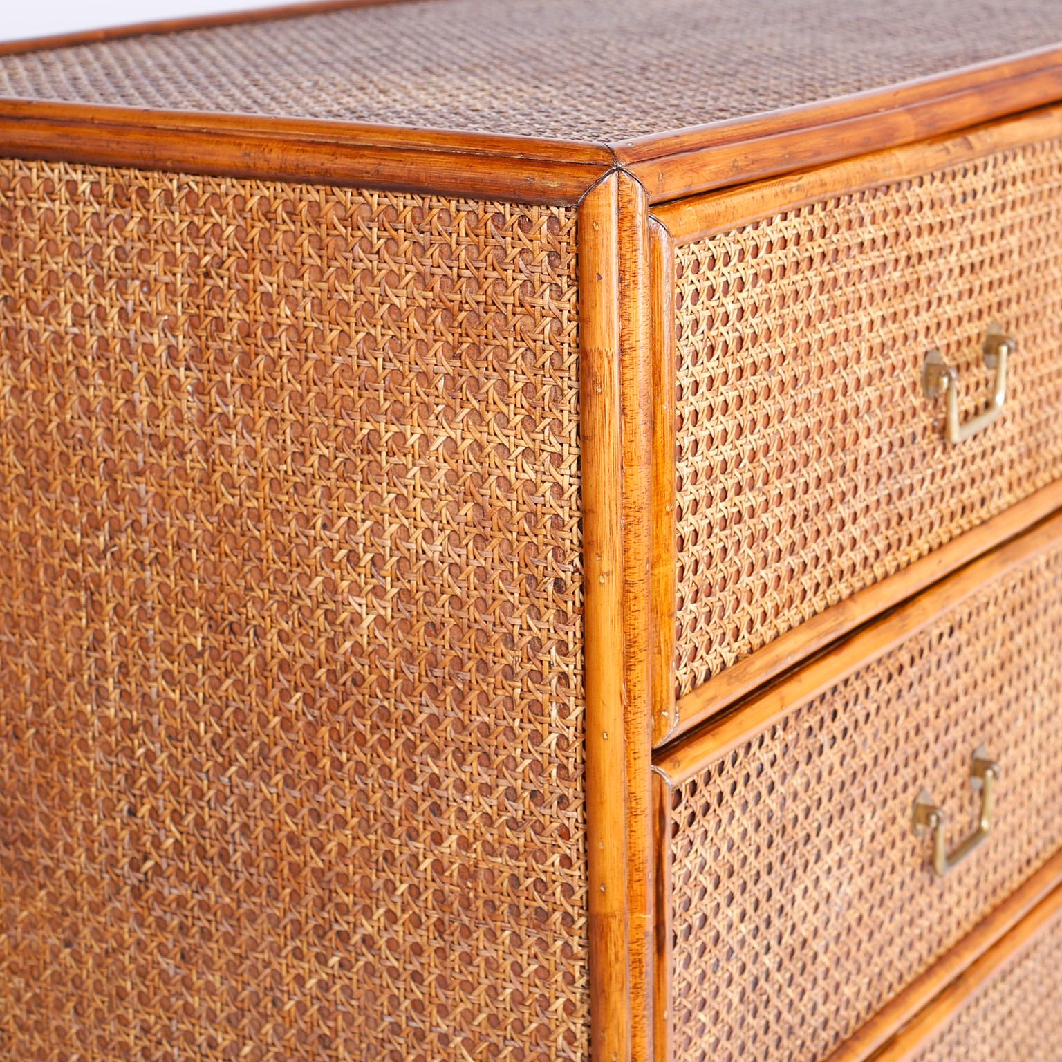 Midcentury British Colonial Style Rattan and Caned Chest of Drawers In Good Condition In Palm Beach, FL