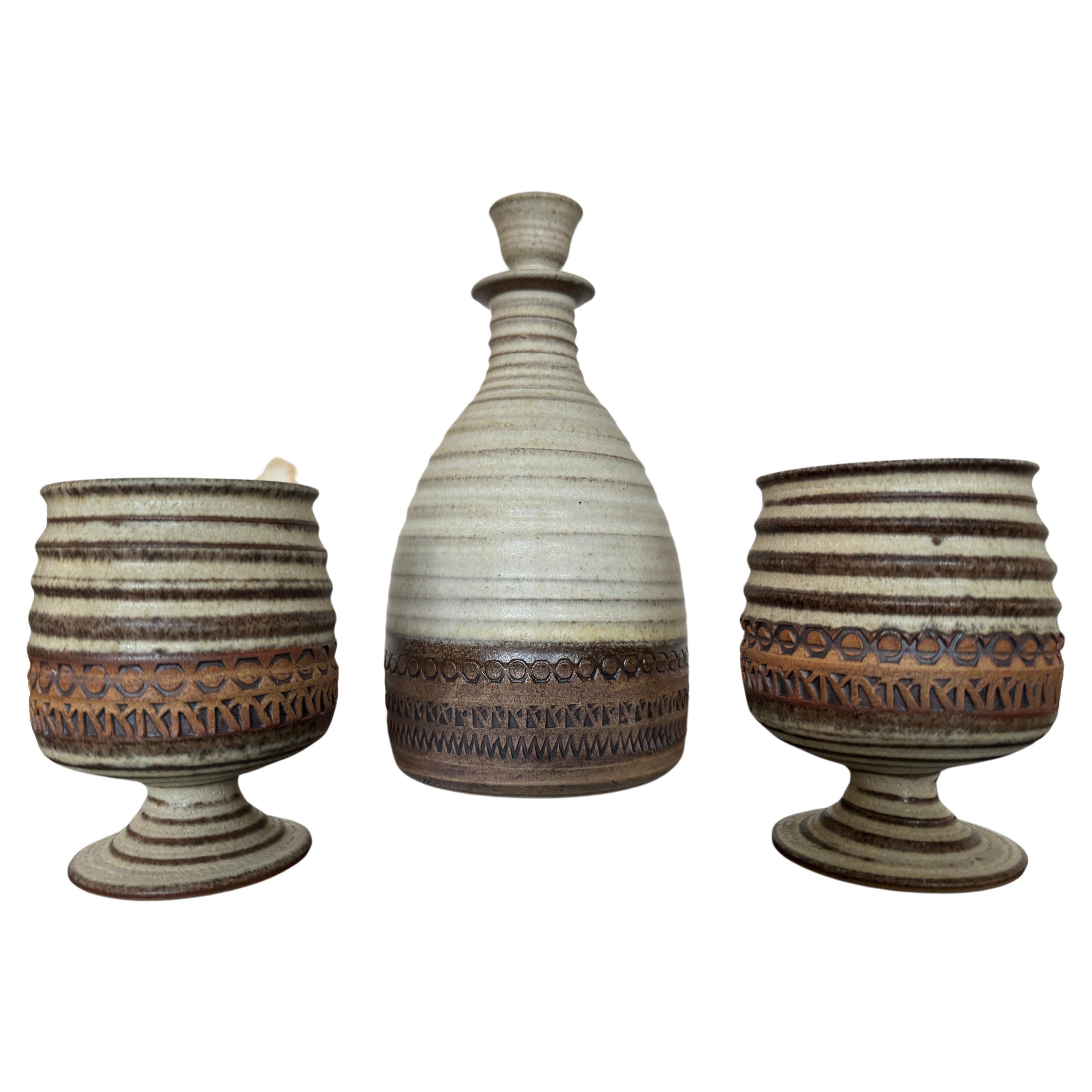 Mid-Century Broadstairs Pottery Stoneware Decanter and Cups