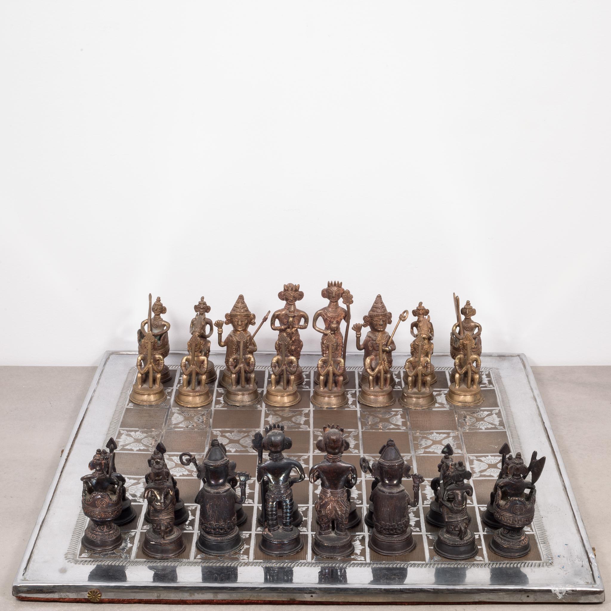 Anglo-Indian Midcentury Bronze and Brass Inlay Indian Chess Set, circa 1960
