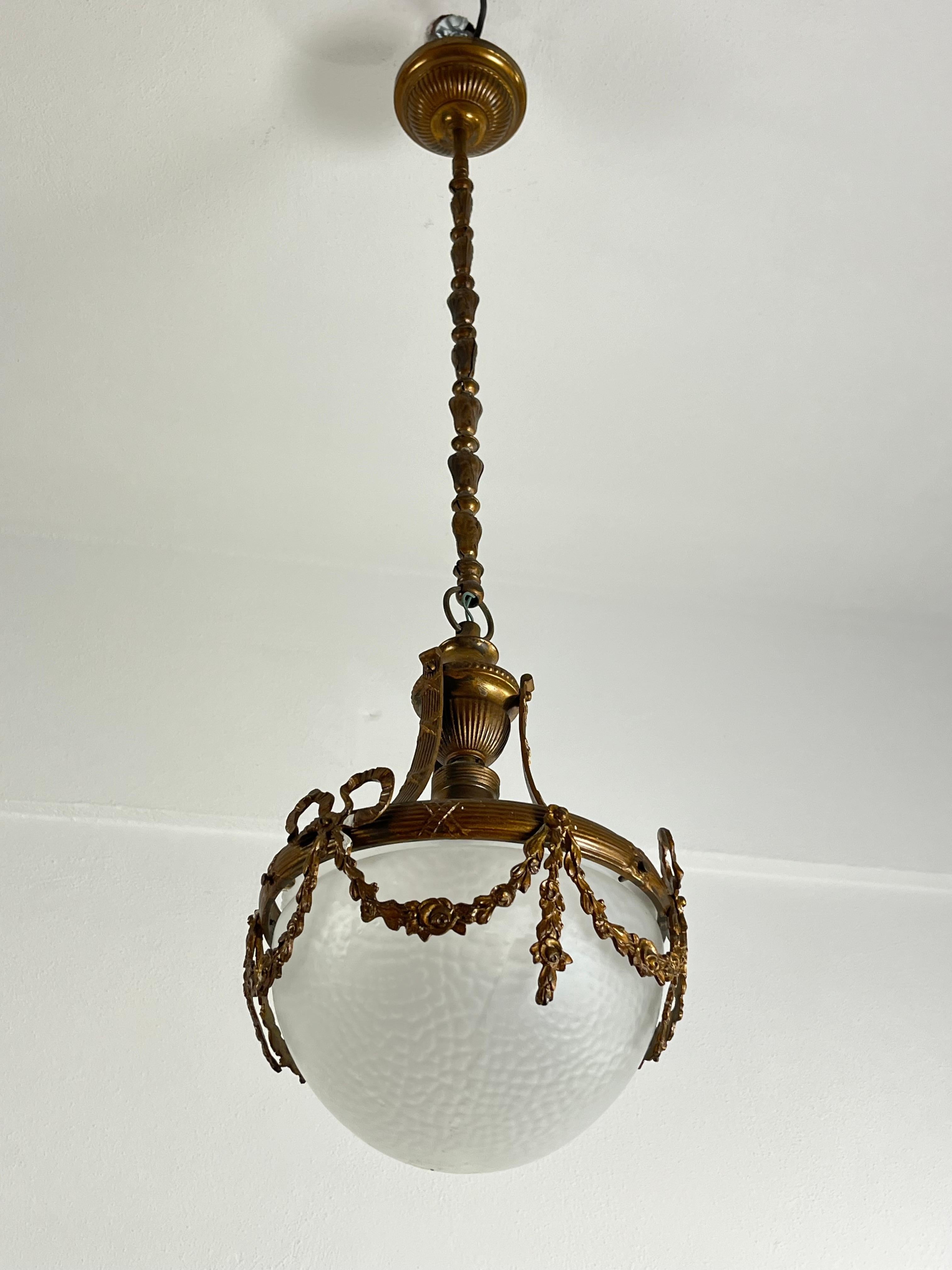 Mid-Century Bronze And Glass Empire Style Chandelier 1950s For Sale 5