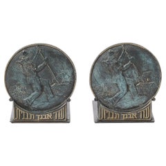 Mid-Century Bronze Bookends of Stone Workers w/ Hebrew Scripture by Peel Bell