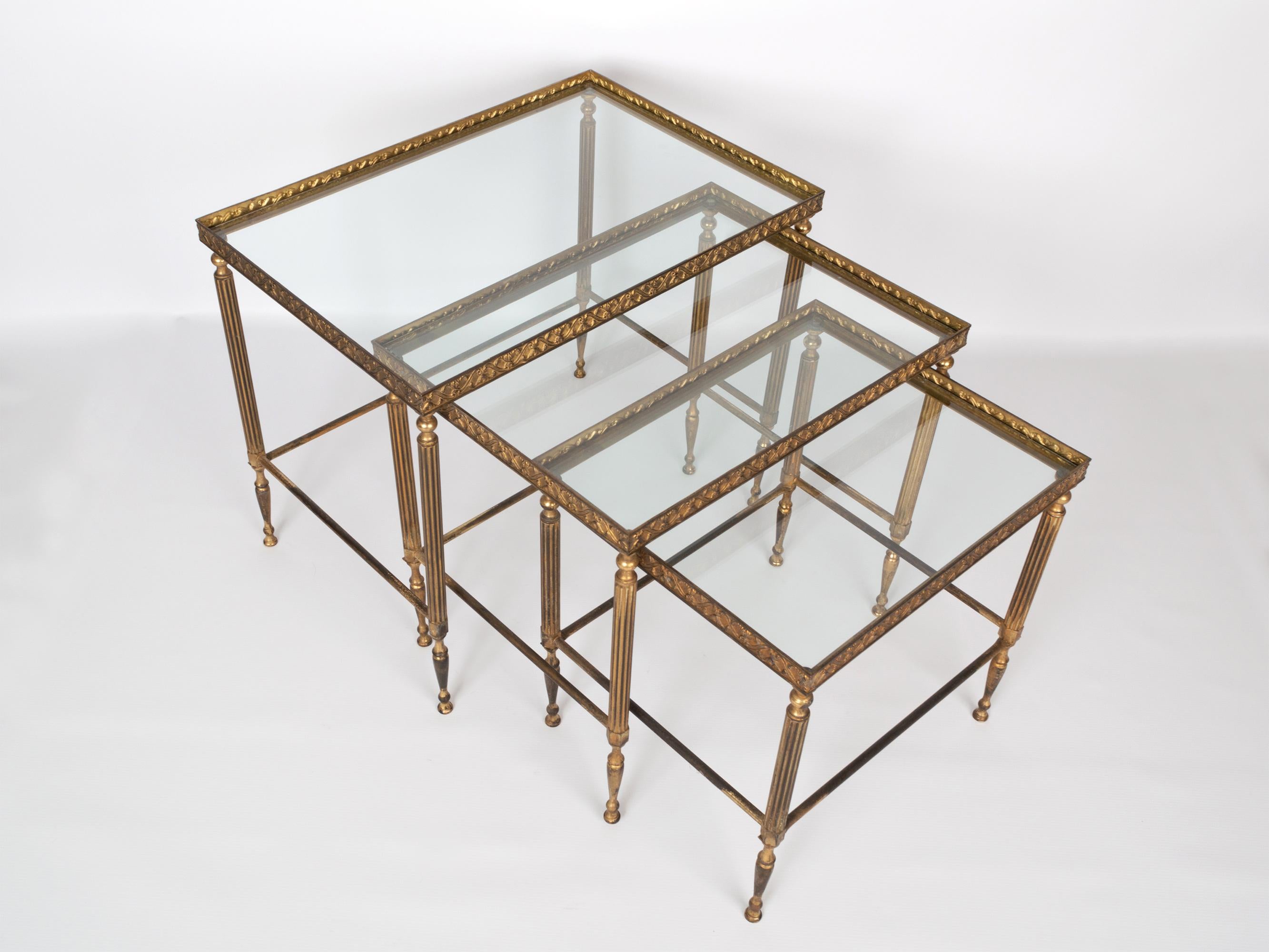 Hollywood Regency Midcentury Bronze Brass and Glass Nesting Tables by Maison Baguès, France