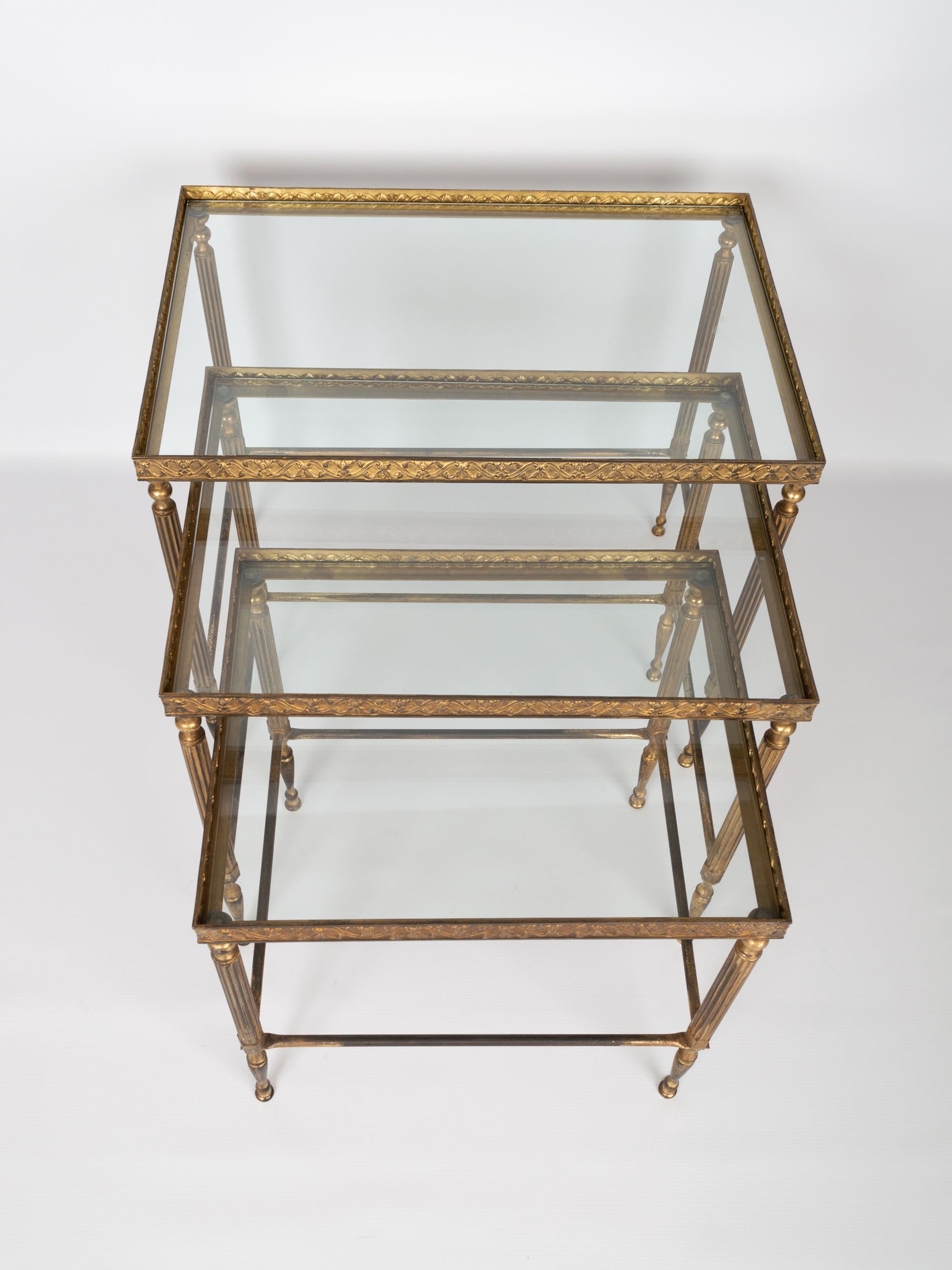 French Midcentury Bronze Brass and Glass Nesting Tables by Maison Baguès, France