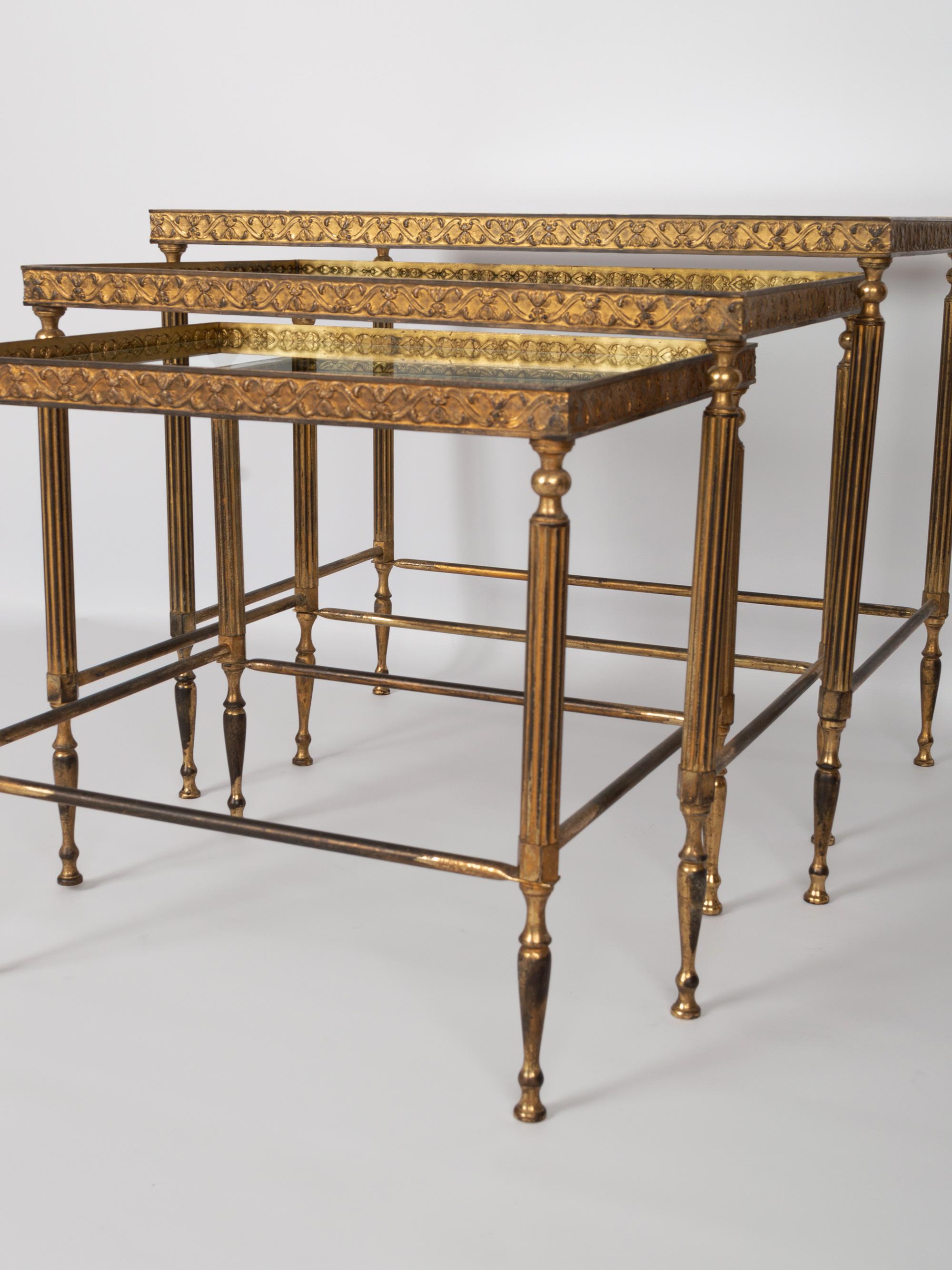 Mid-20th Century Midcentury Bronze Brass and Glass Nesting Tables by Maison Baguès, France