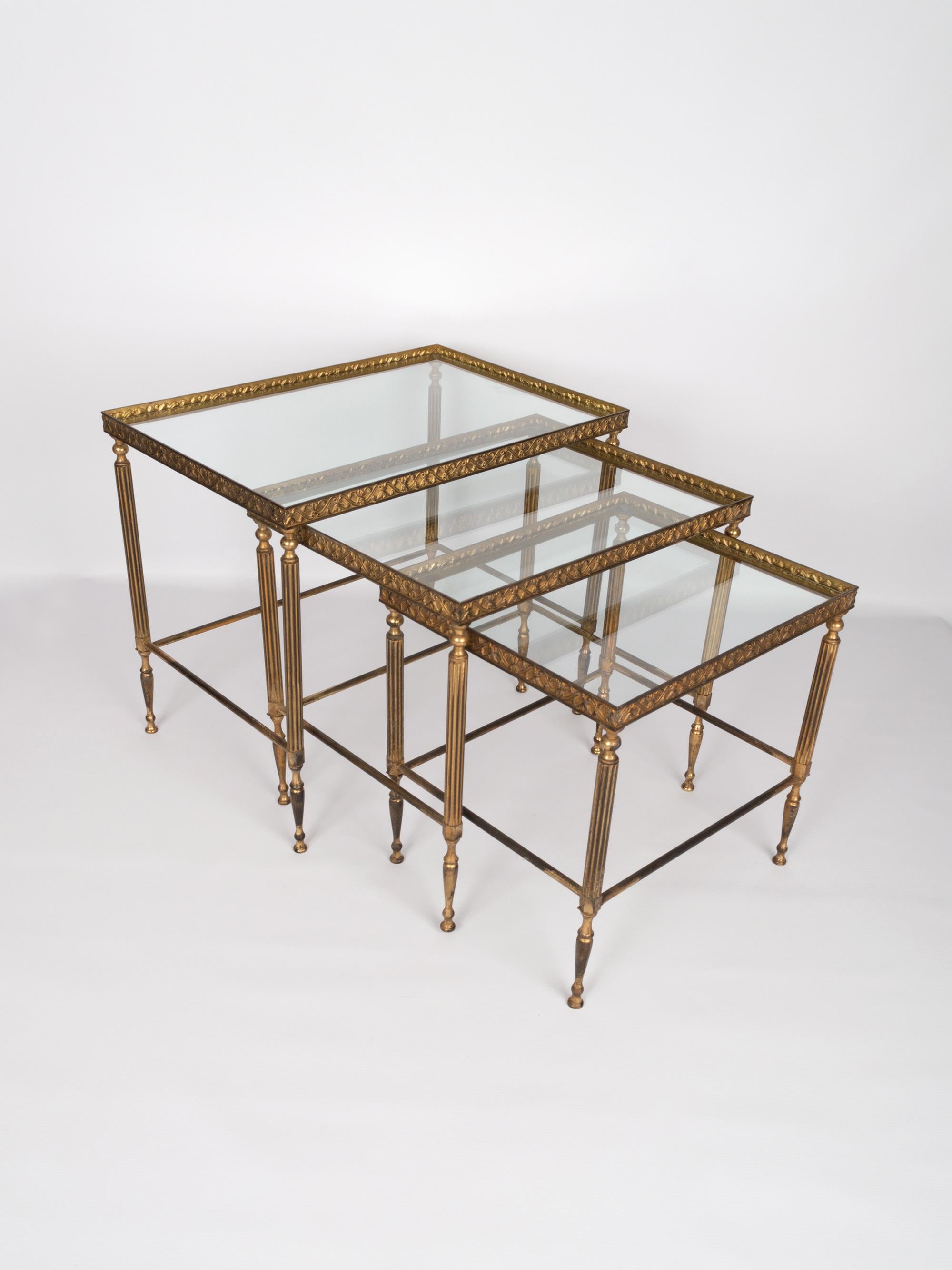 Metal Midcentury Bronze Brass and Glass Nesting Tables by Maison Baguès, France