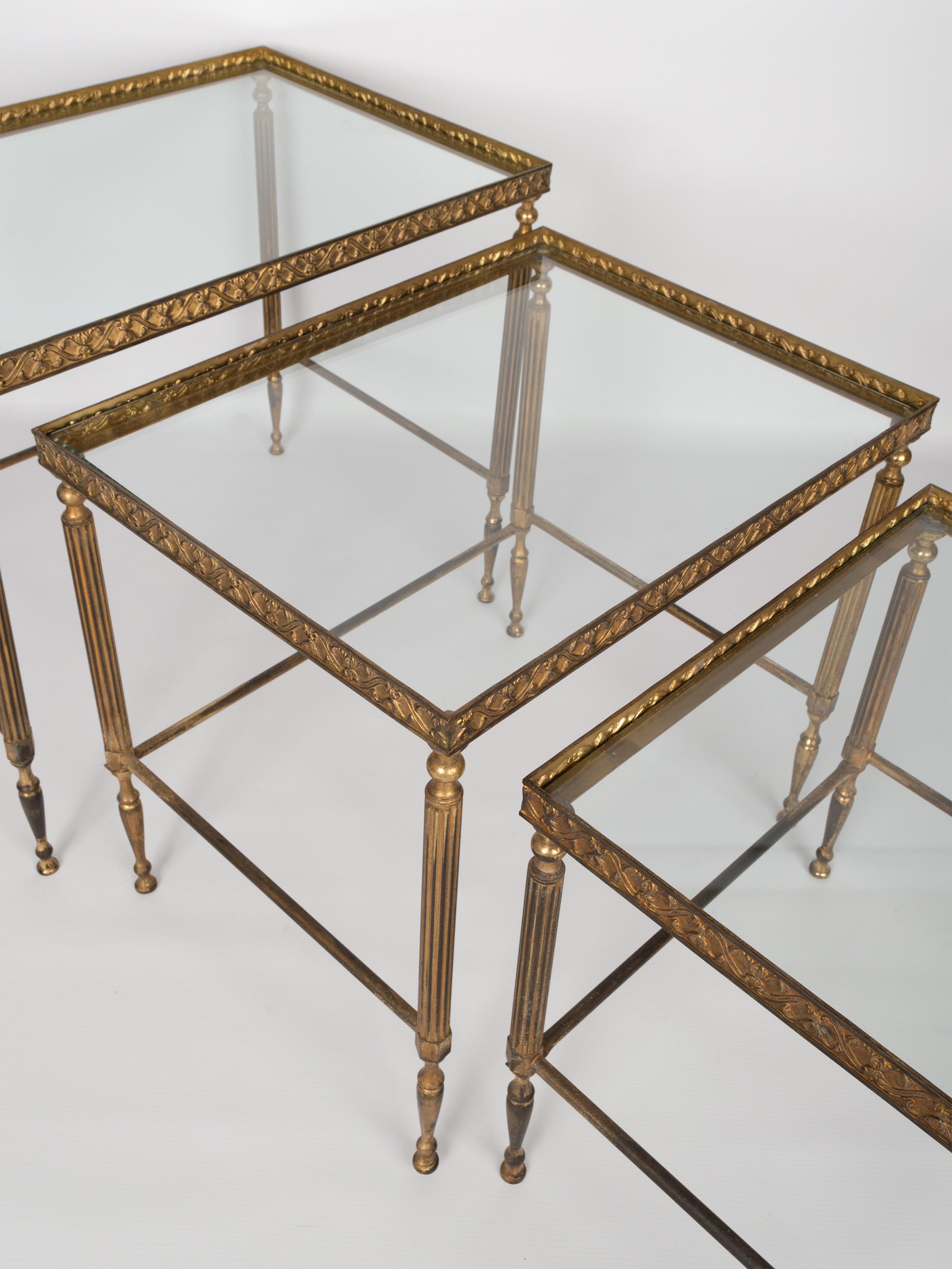 Midcentury Bronze Brass and Glass Nesting Tables by Maison Baguès, France 1